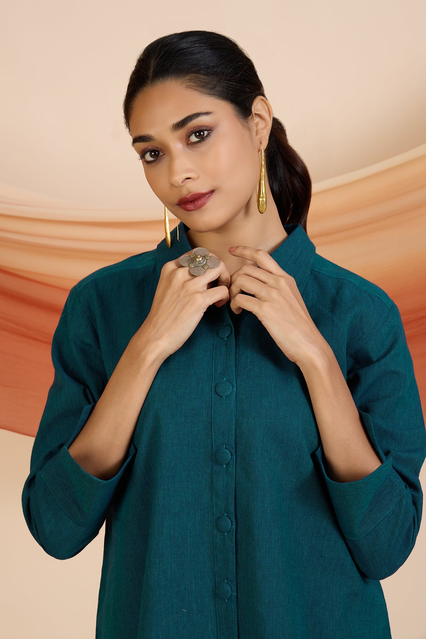 Azure Feather Lines Long Shirt Dress