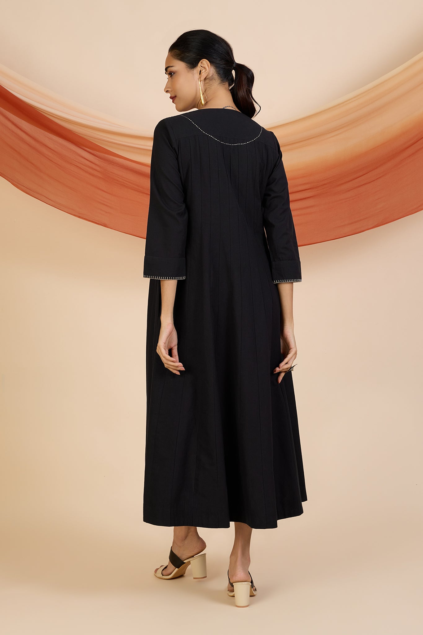 Ebony with Beige Whisper V-neck Infinity Pintuck Dress