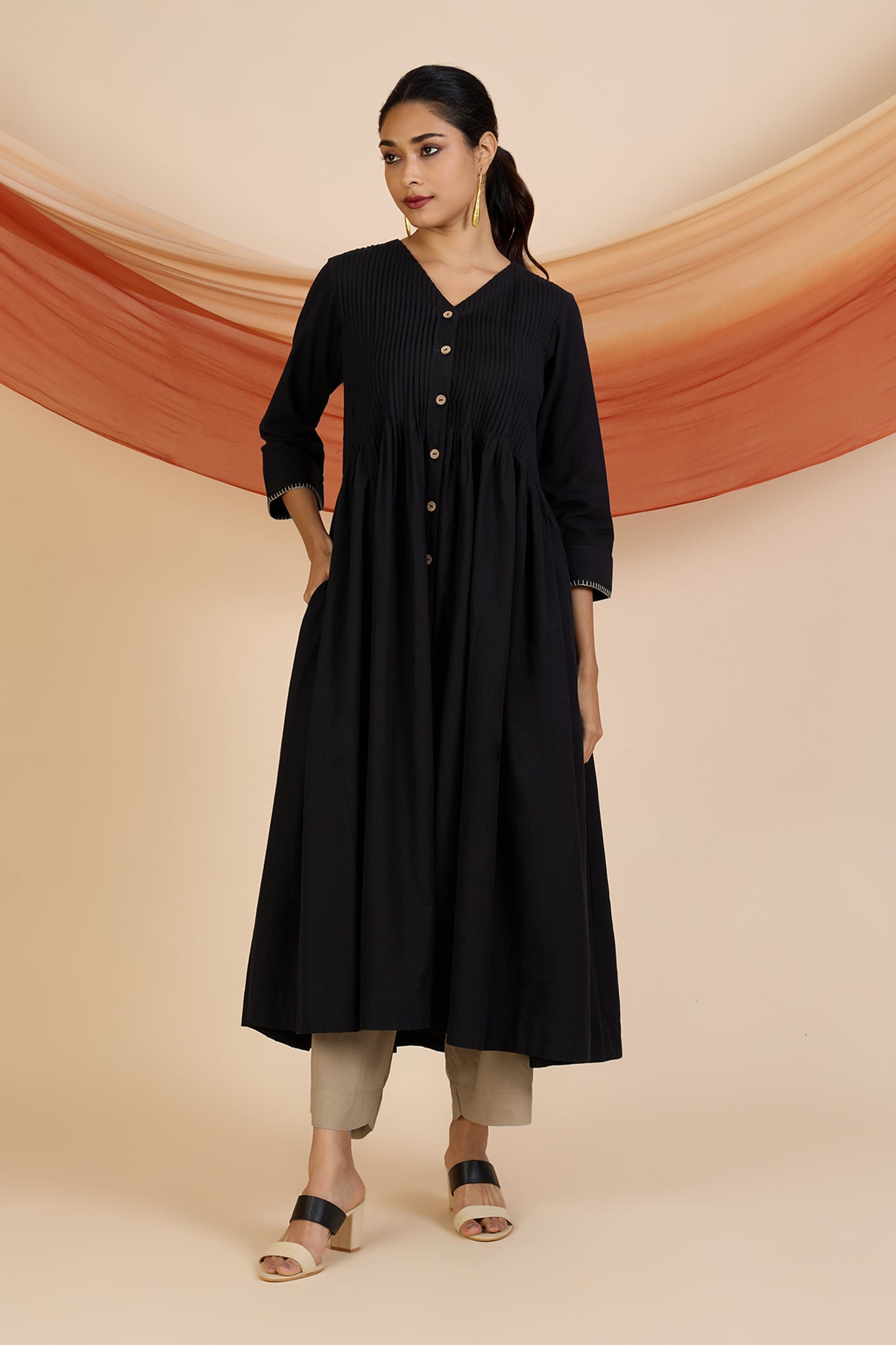 Ebony with Beige Whisper V-neck Infinity Pintuck Dress