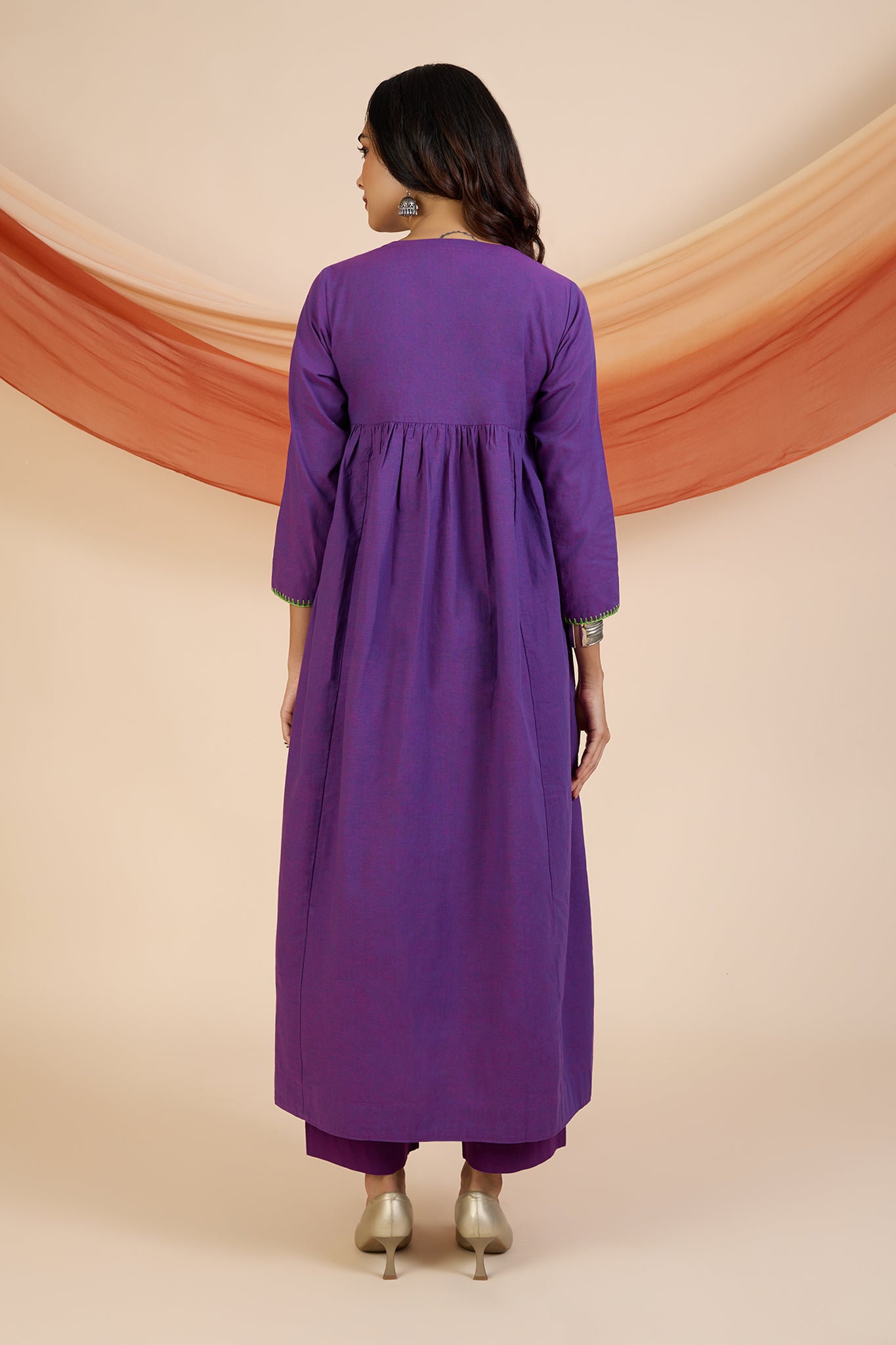 Co-ord Set Vivid Violet & Lime V-Neck Gather Anarkali (Set of 2)