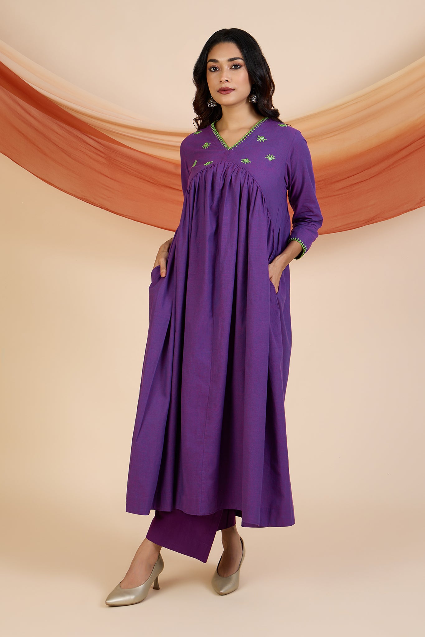 Co-ord Set Vivid Violet & Lime V-Neck Gather Anarkali (Set of 2)