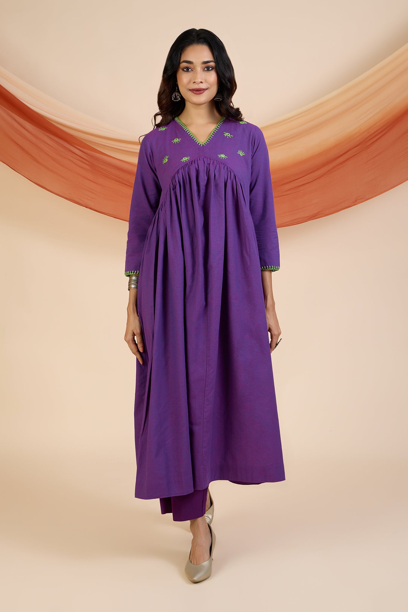 Co-ord Set Vivid Violet & Lime V-Neck Gather Anarkali (Set of 2)