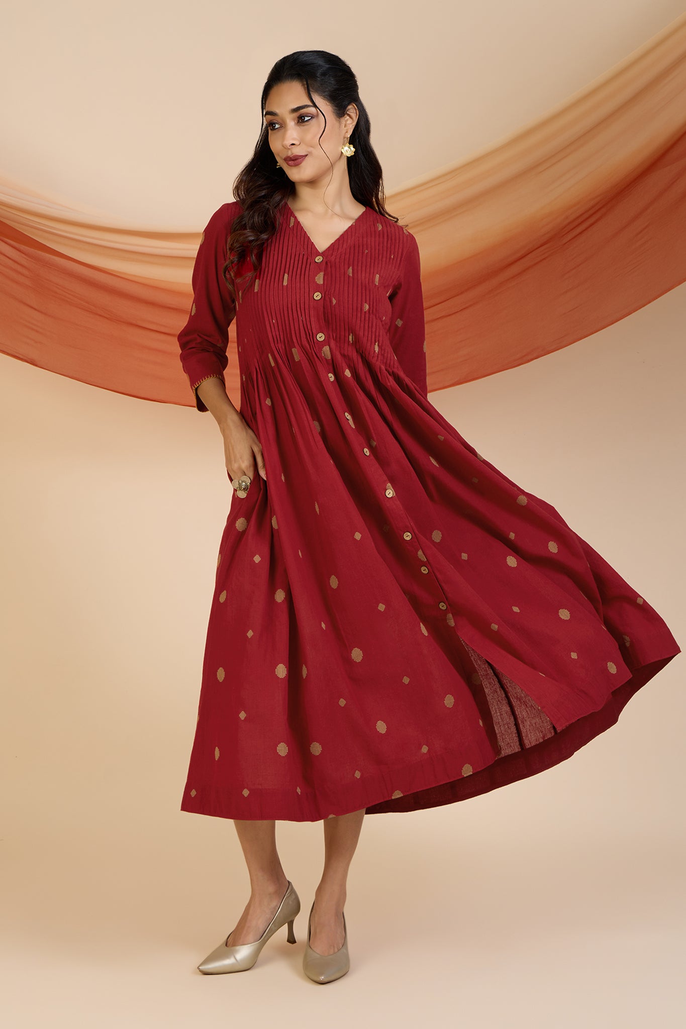 Gilded Crimson Polka V-neck Infinity Pintuck Dress