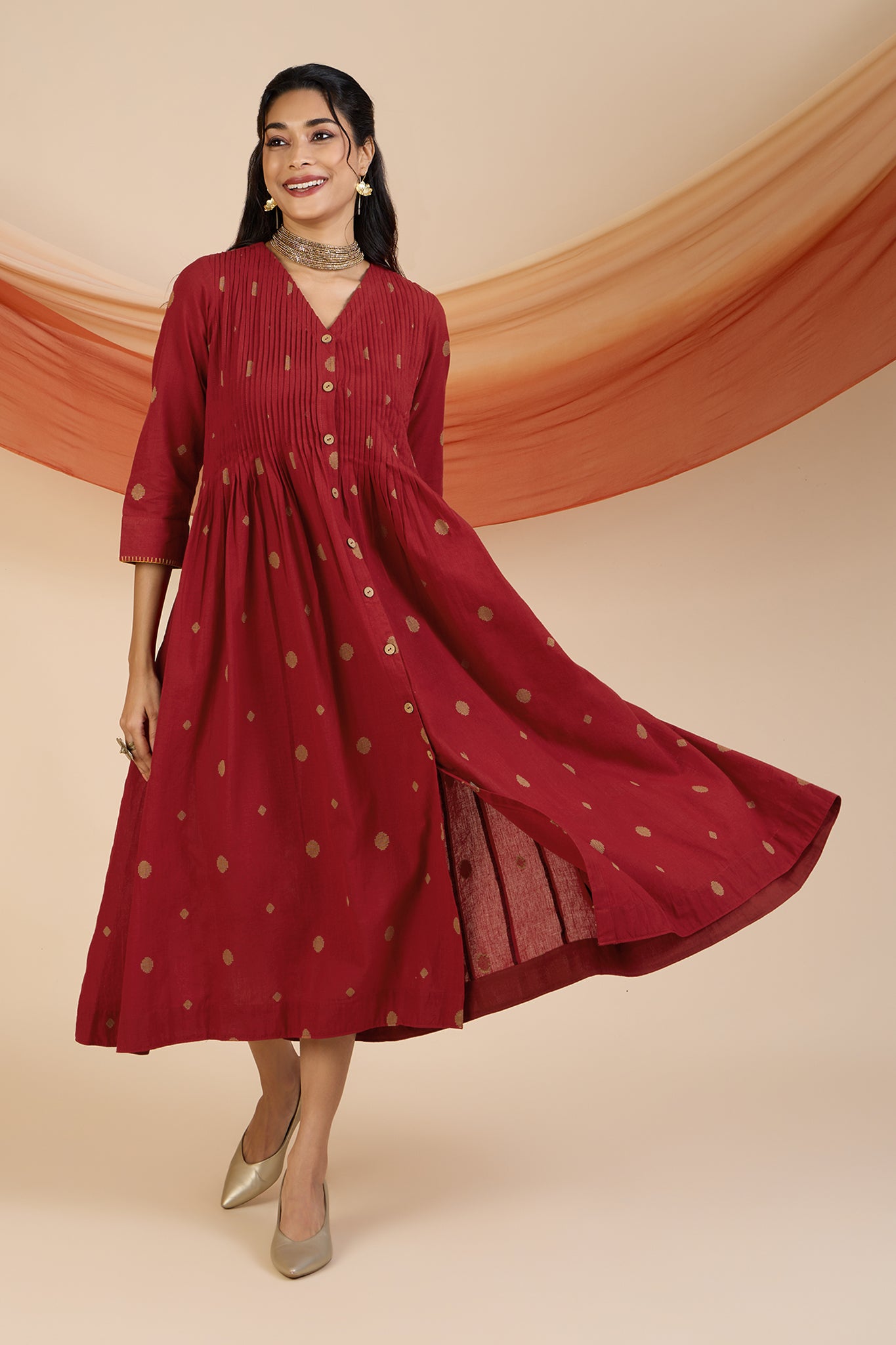 Gilded Crimson Polka V-neck Infinity Pintuck Dress