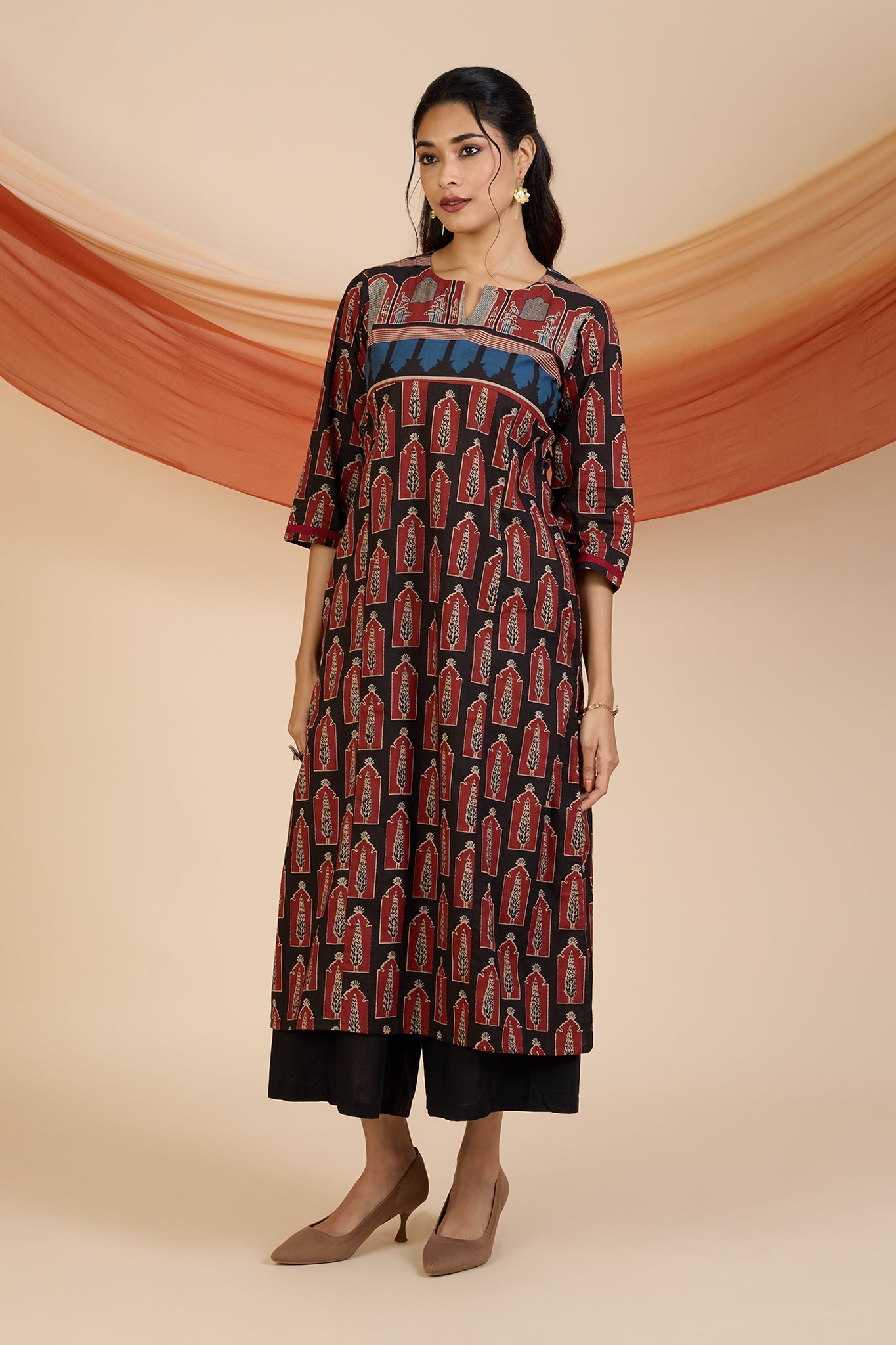 Madder Cypress Patchwork Long Kurta with Slit