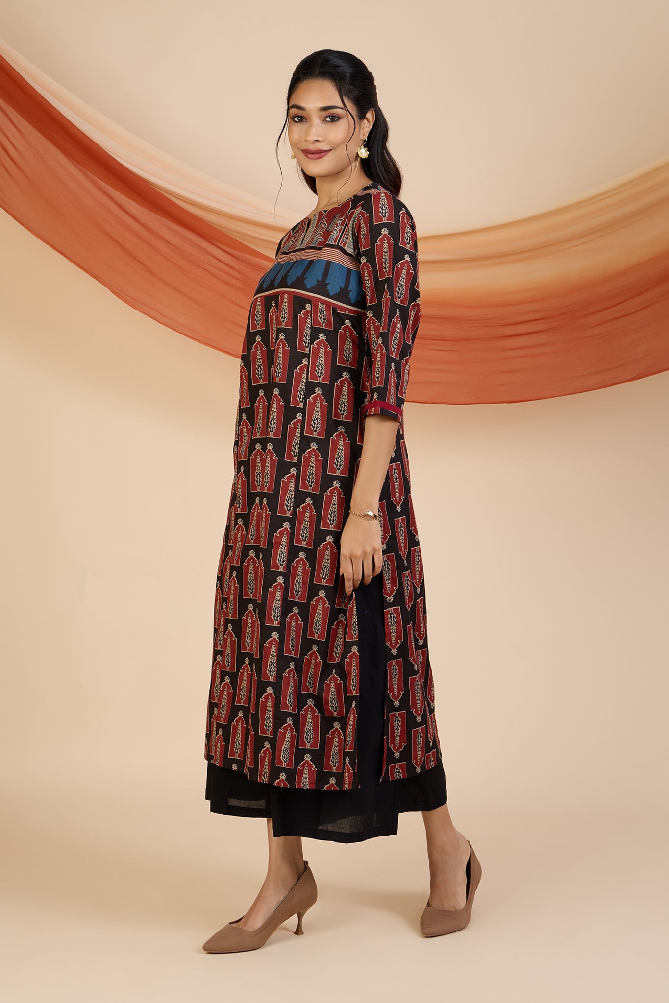 Madder Cypress Patchwork Long Kurta with Slit