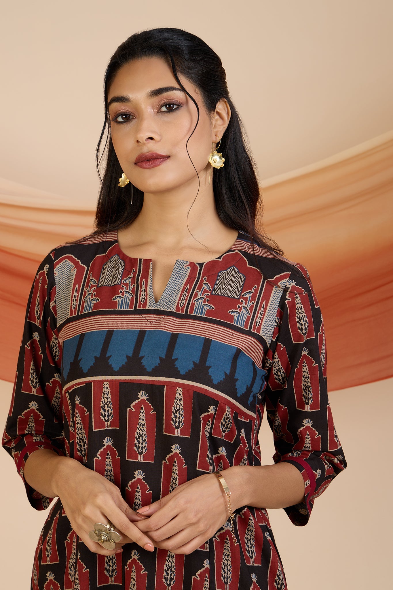 Madder Cypress Patchwork Long Kurta with Slit