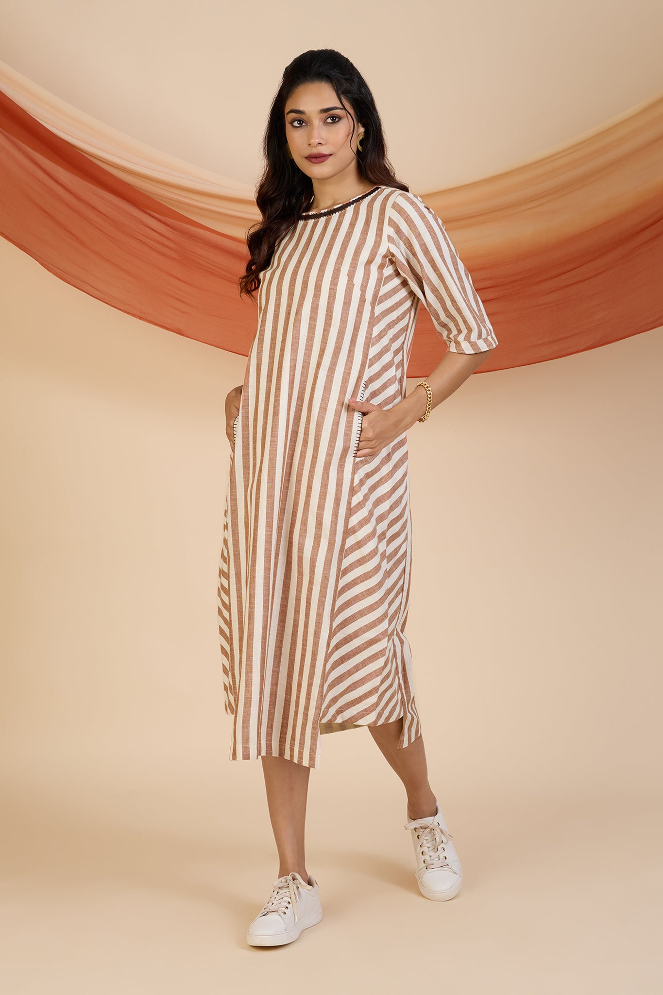 Cinnamon Stripes Side Bias Shift Dress