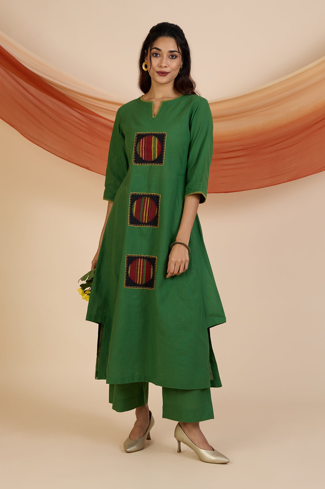 Co-ord Set Forest Carnival Long Kurta with Side Twist & Applique