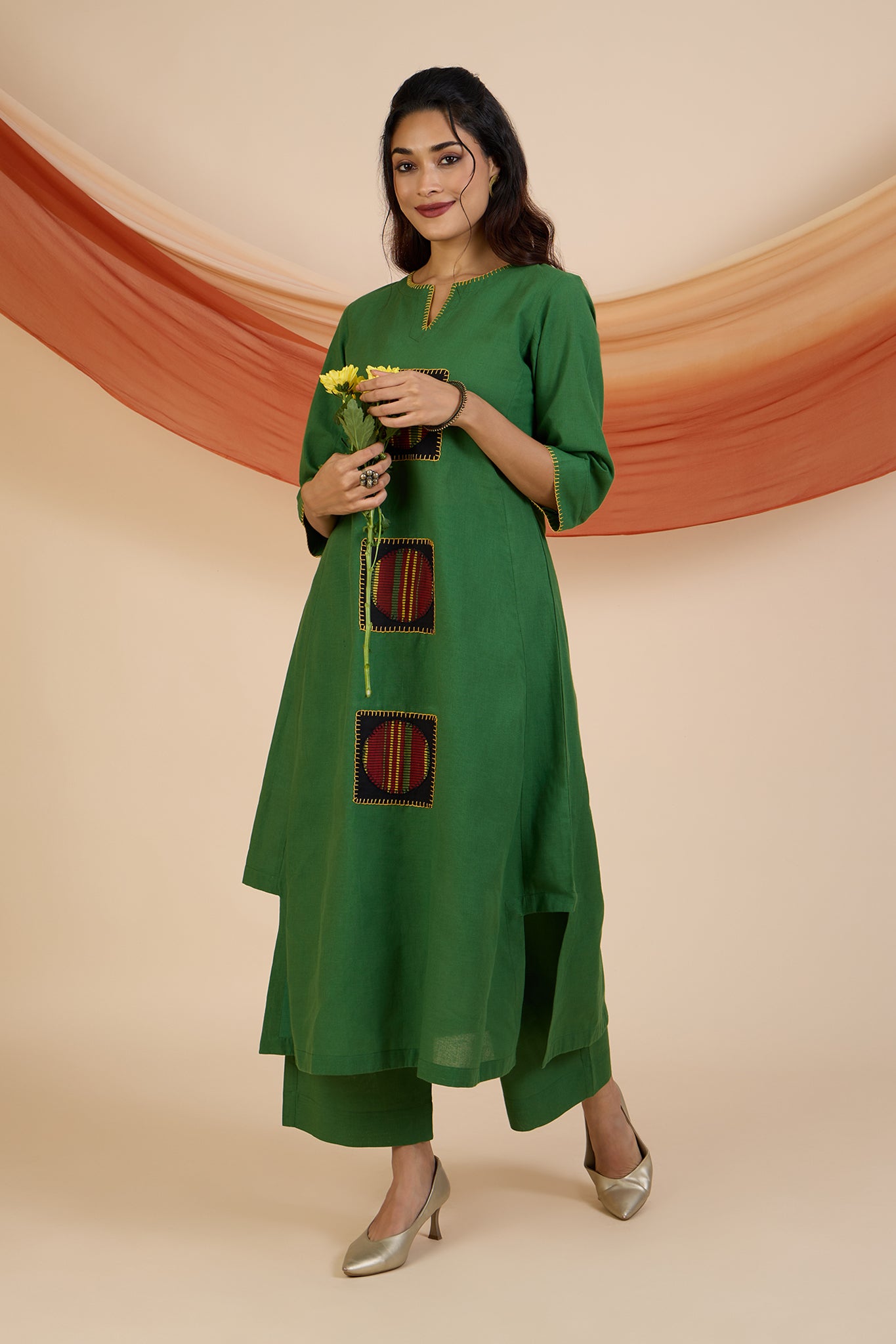 Co-ord Set Forest Carnival Long Kurta with Side Twist & Applique