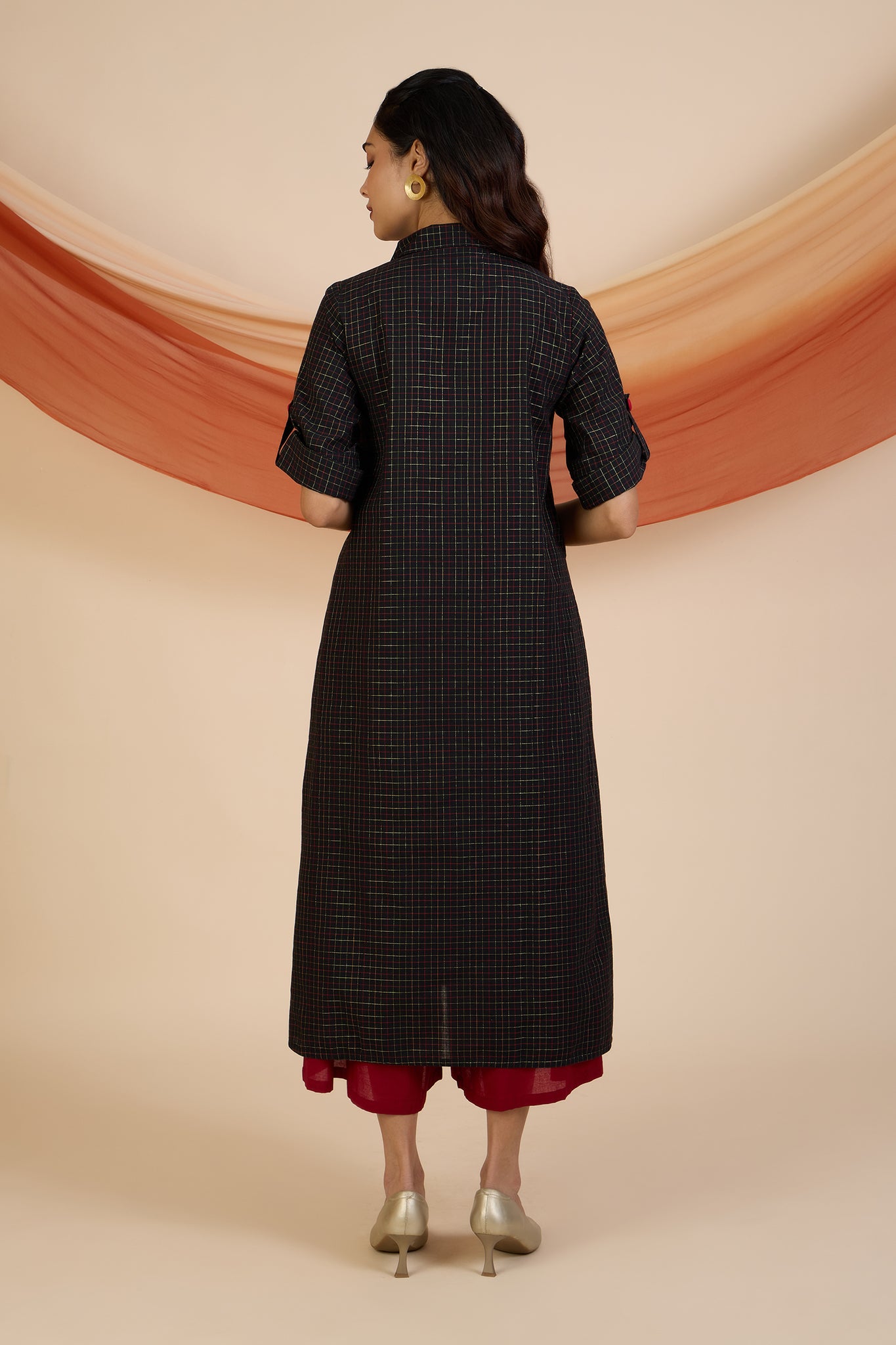 Ebony Gold Grid Box Pleat Shirt Dress
