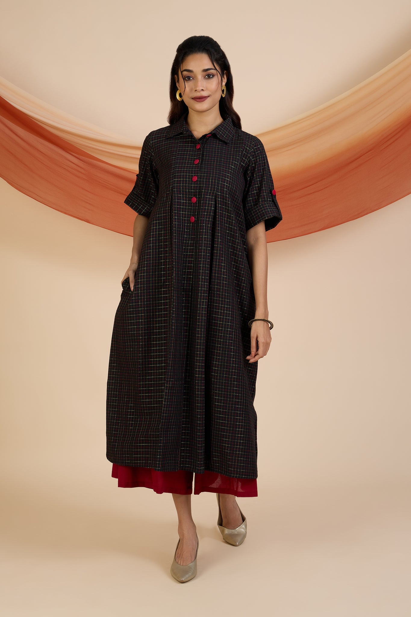 Ebony Gold Grid Box Pleat Shirt Dress