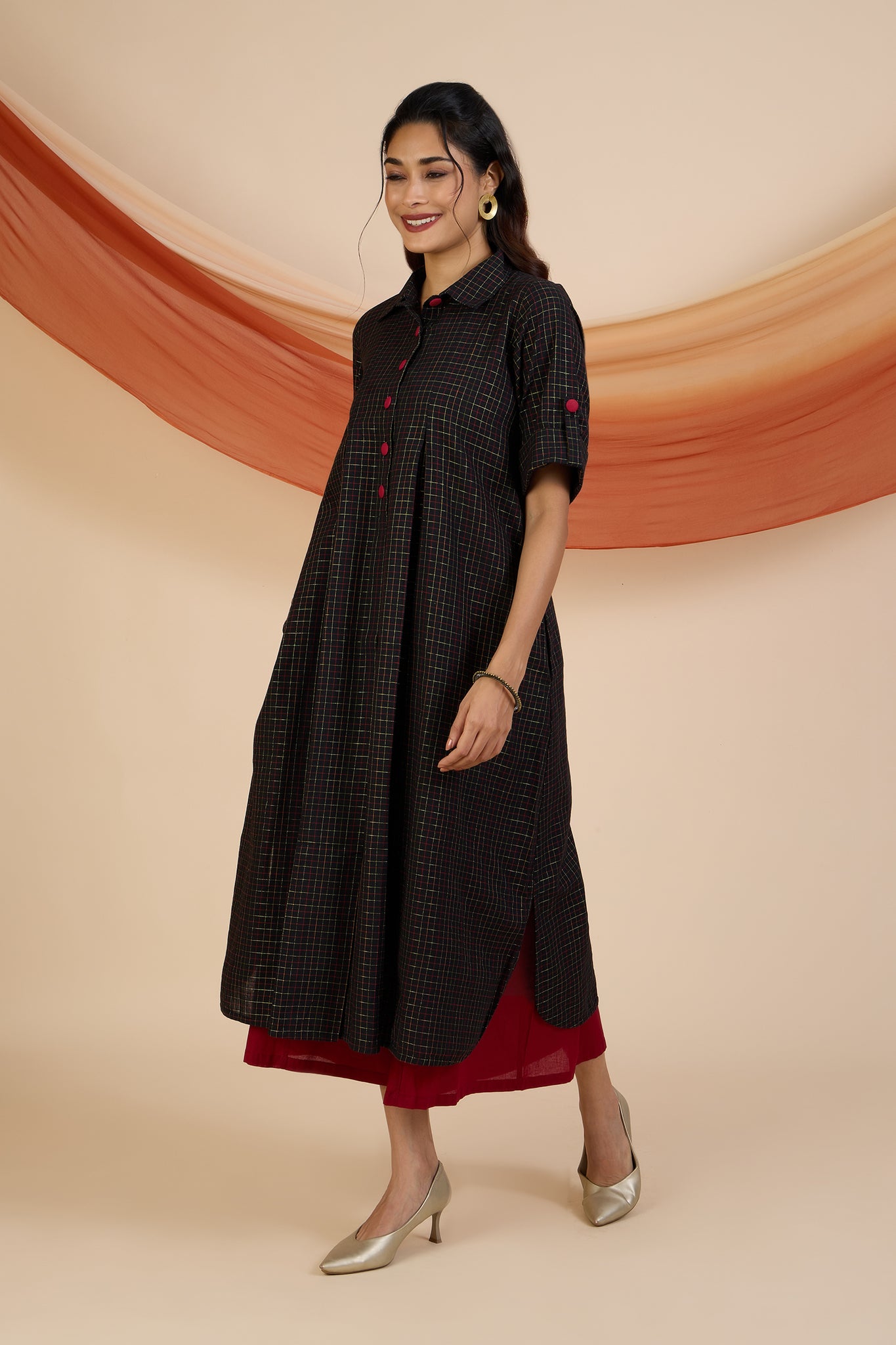 Ebony Gold Grid Box Pleat Shirt Dress