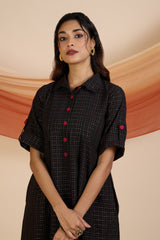 Ebony Gold Grid Box Pleat Shirt Dress