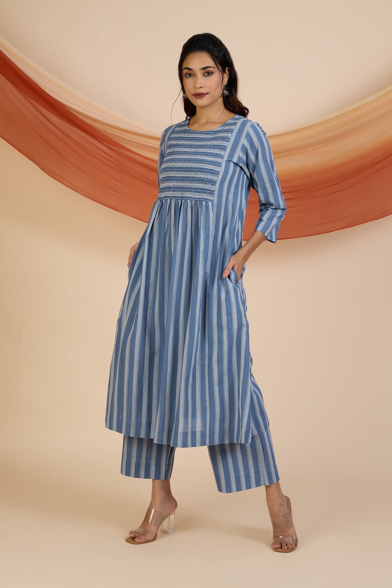 Co-ord Set Stormlight Stripes Smocked Yoke Kurta & Pants