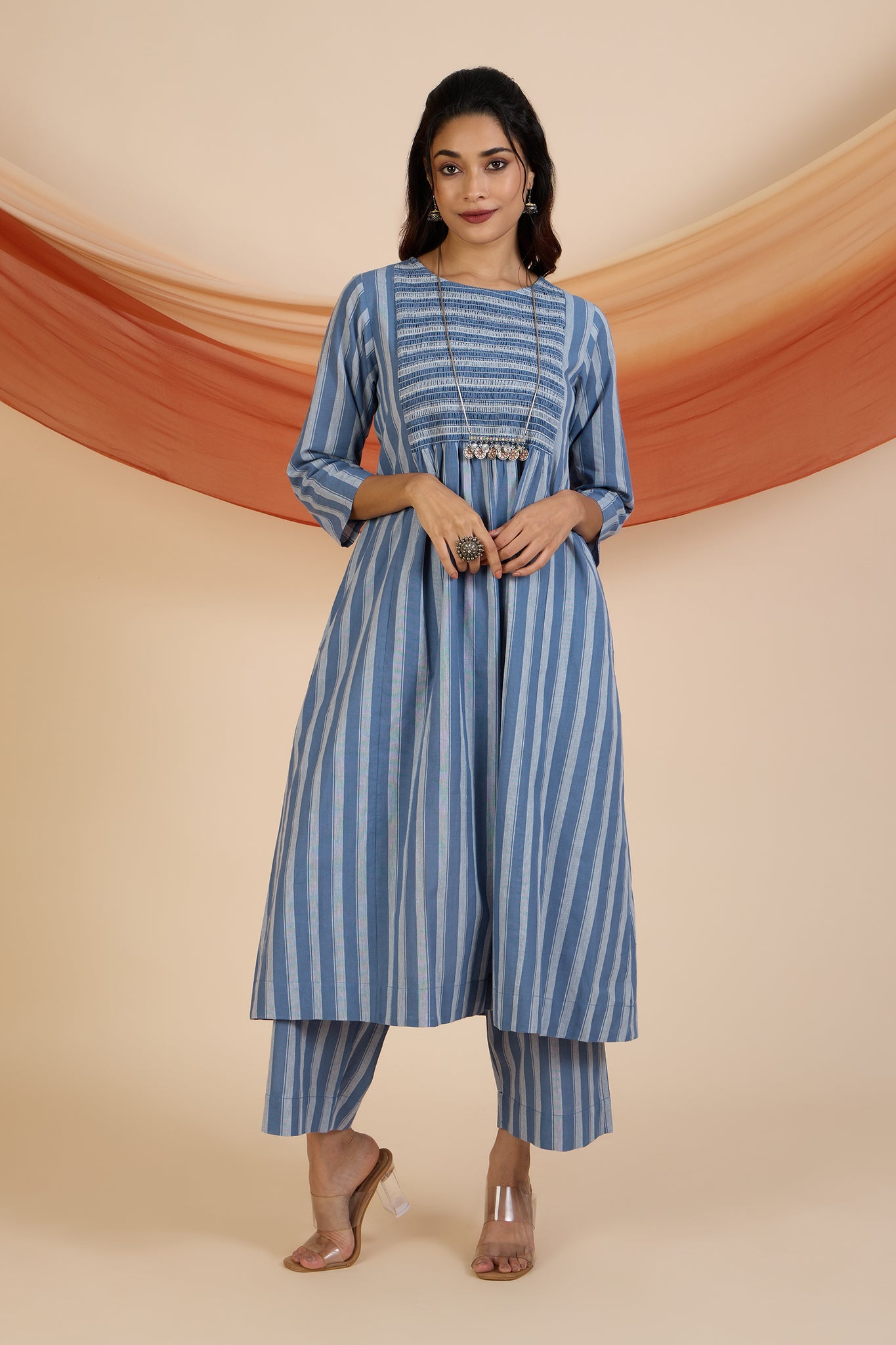 Co-ord Set Stormlight Stripes Smocked Yoke Kurta & Pants