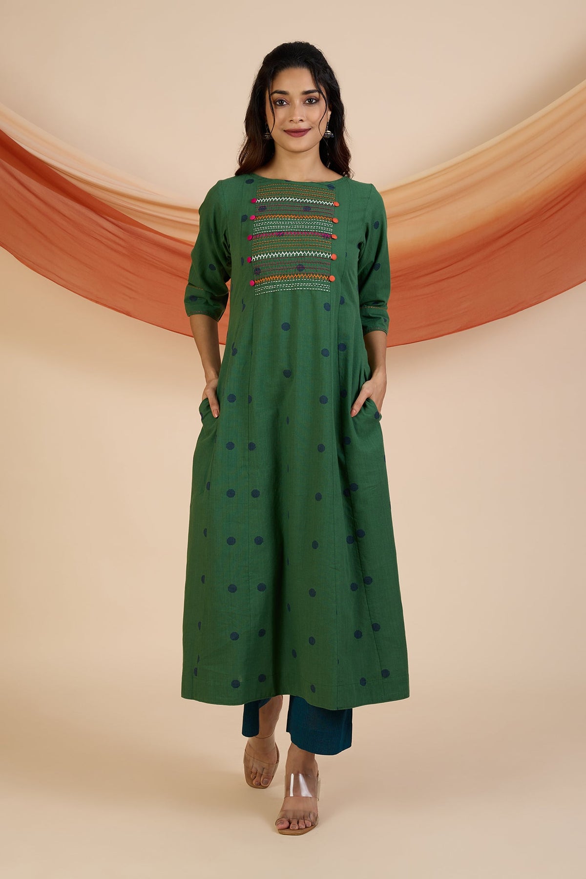 Jade Dots Pintuck Yoke Kurta with Pockets