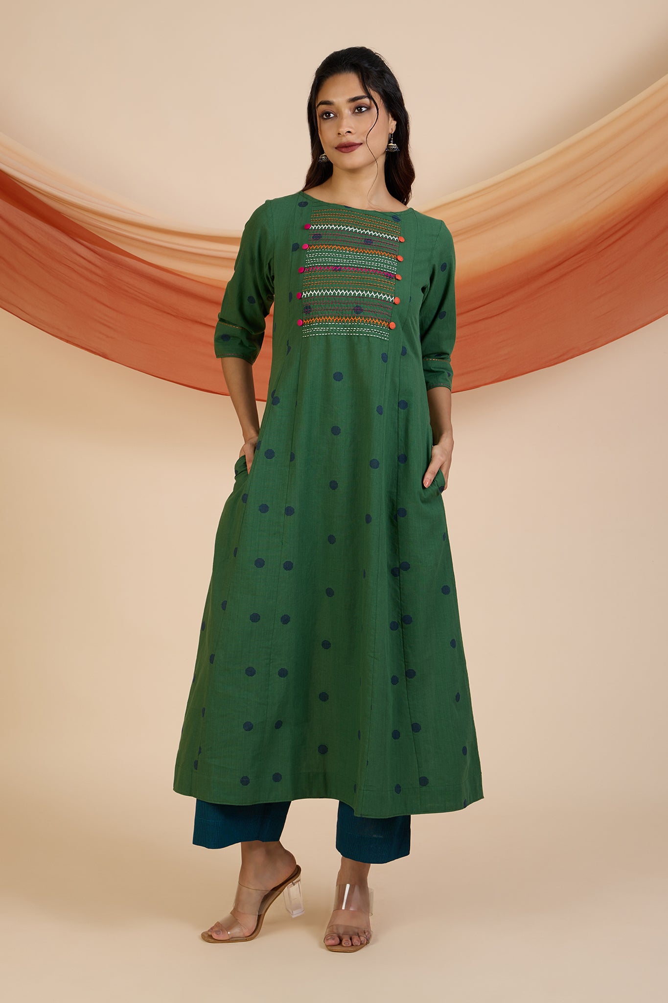 Jade Dots Pintuck Yoke Kurta with Pockets