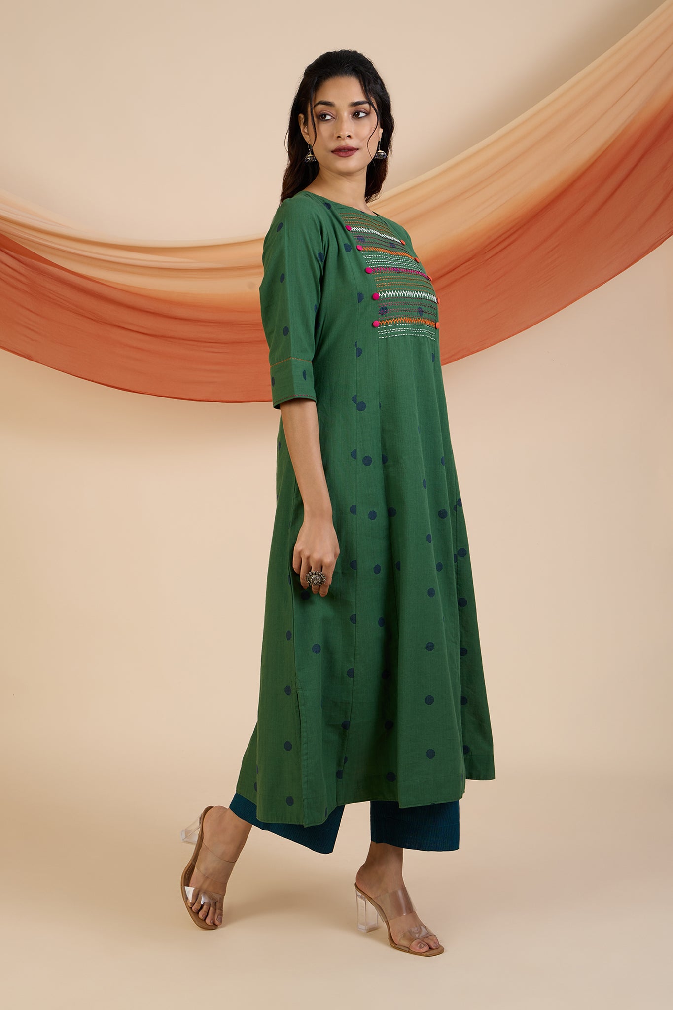 Jade Dots Pintuck Yoke Kurta with Pockets