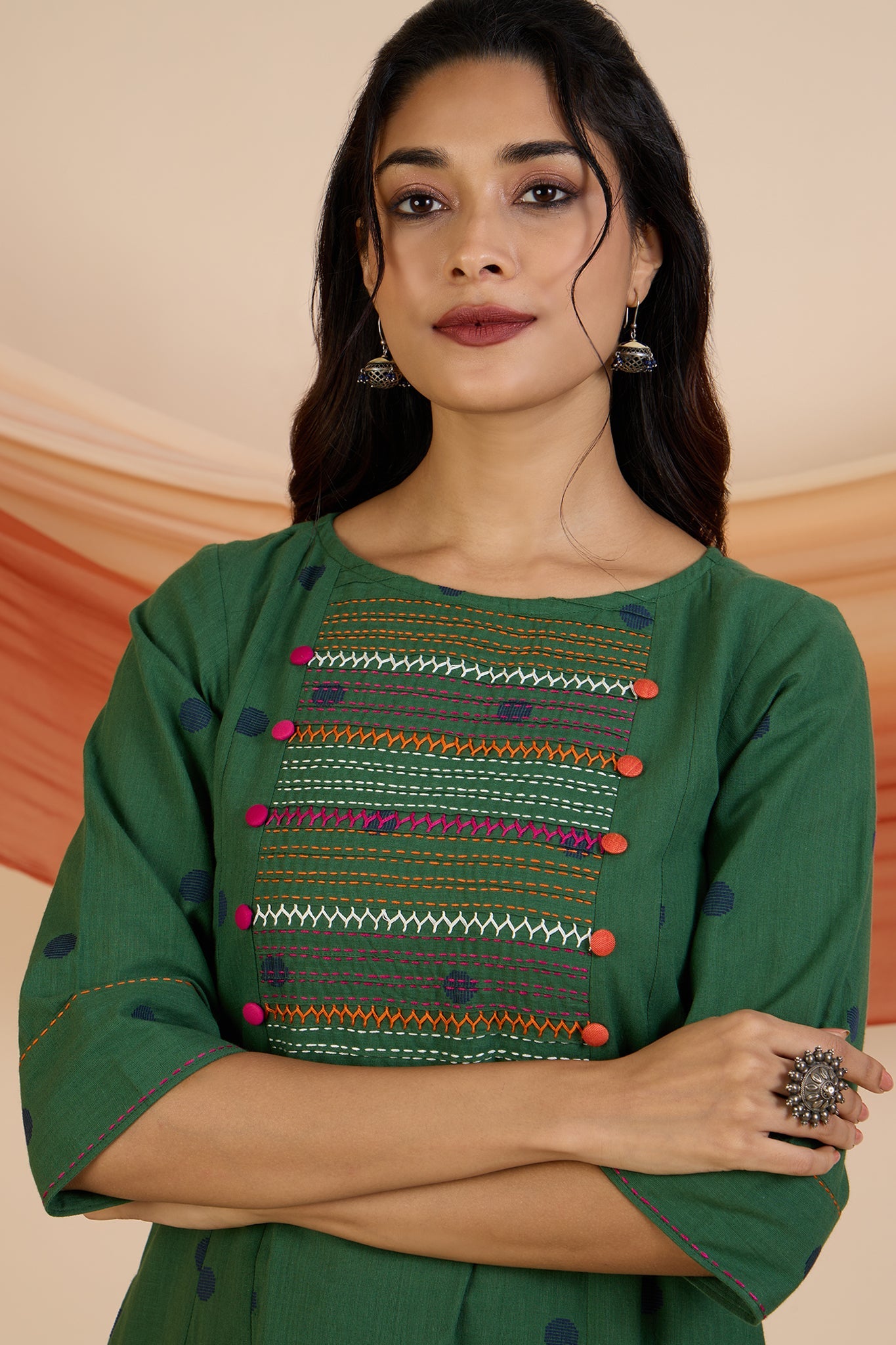 Jade Dots Pintuck Yoke Kurta with Pockets