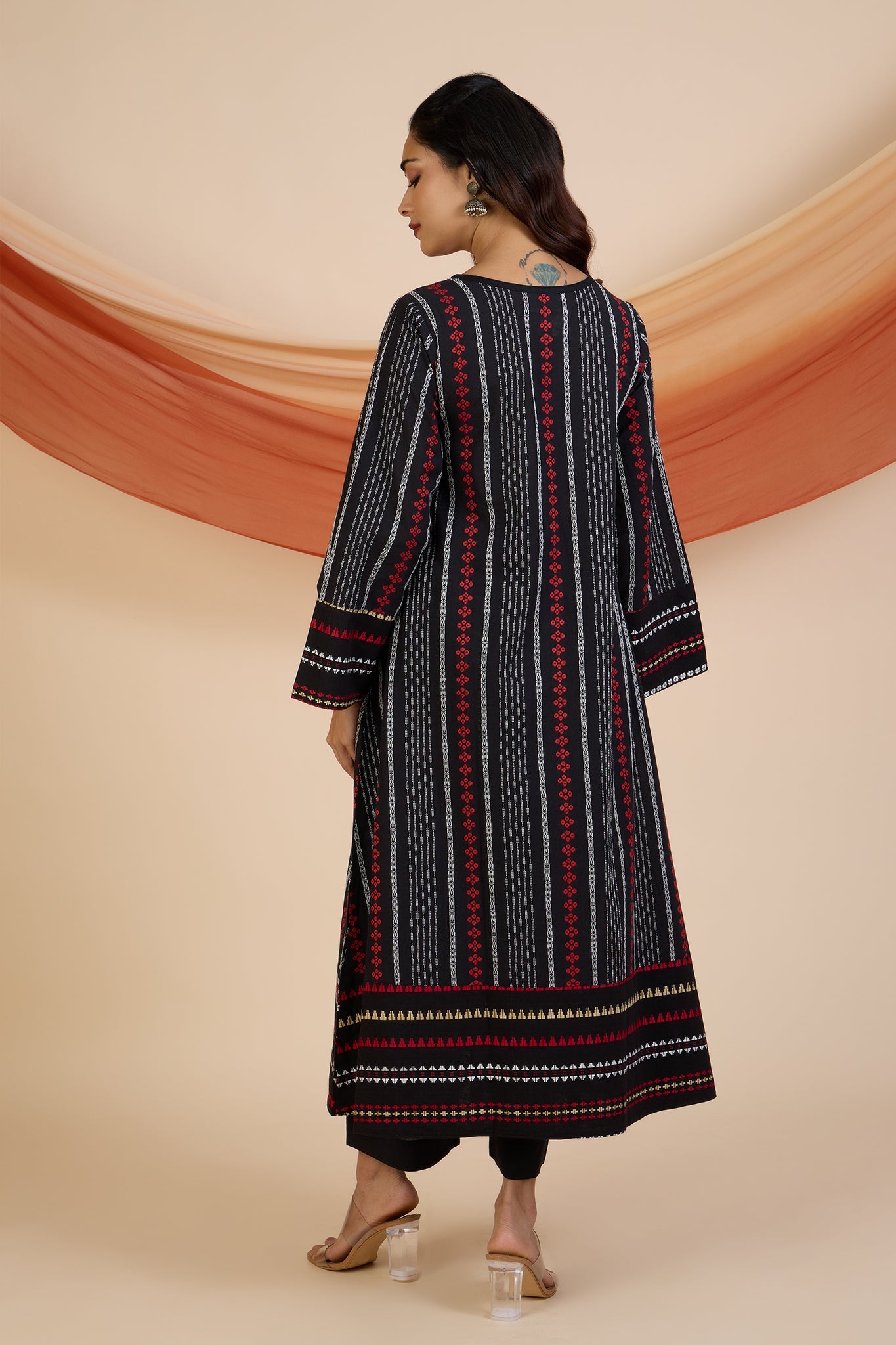 Crimson Reflections Boho Dress with Yoke & Funnel Sleeves