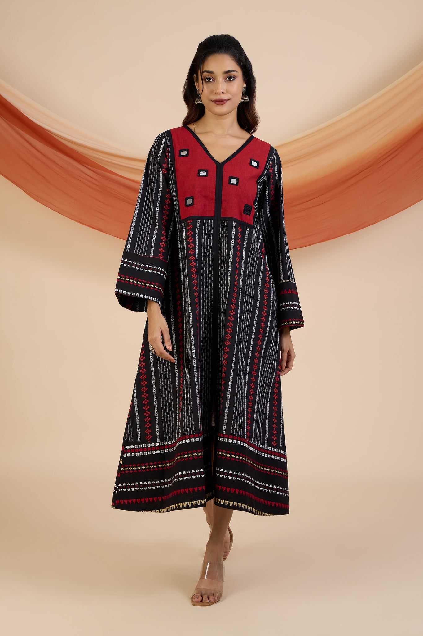 Crimson Reflections Boho Dress with Yoke & Funnel Sleeves