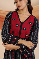 Crimson Reflections Boho Dress with Yoke & Funnel Sleeves