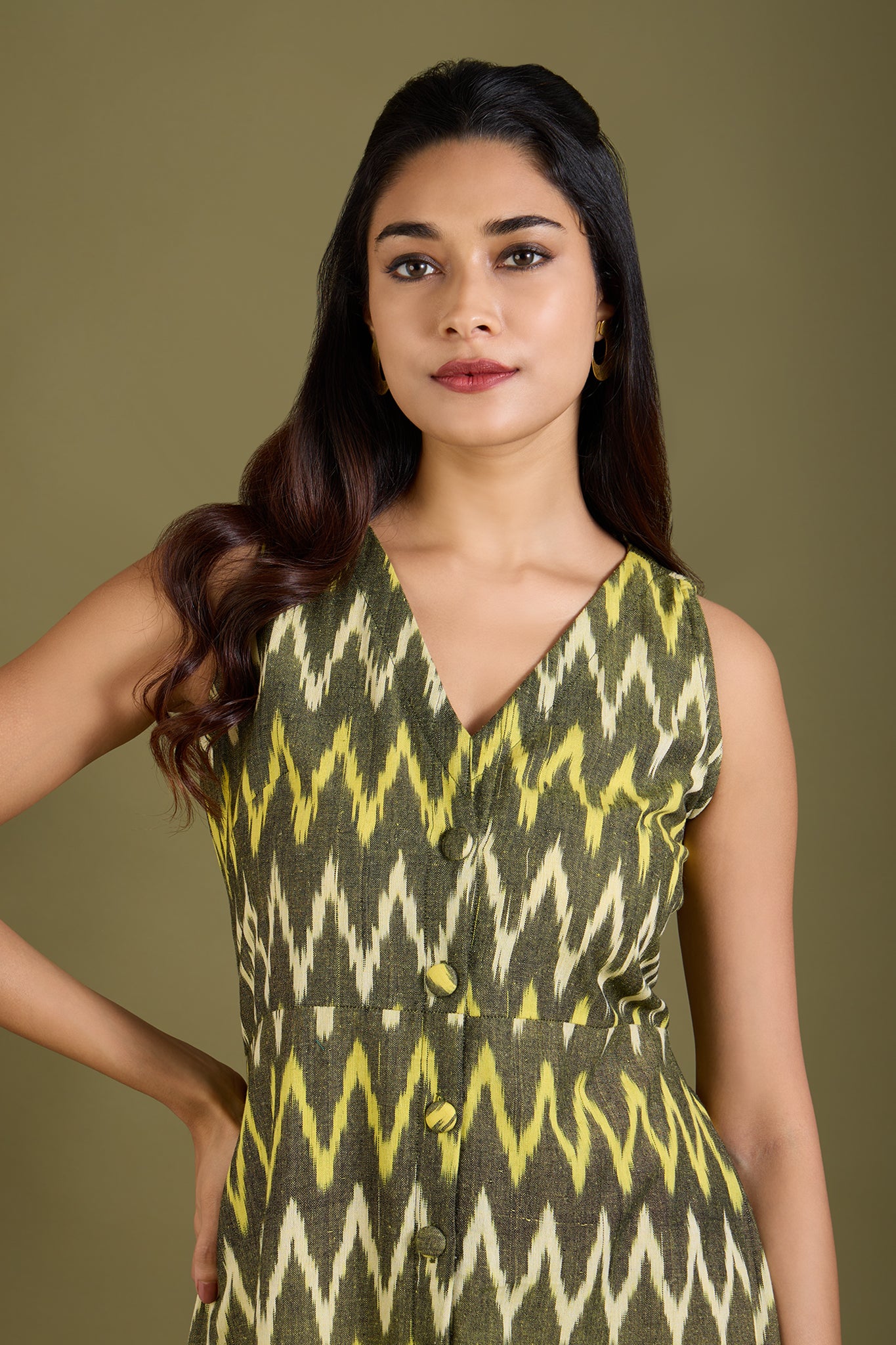 Earthy Zigzag Glow V-neck Button Down Dress