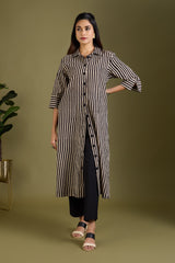 Earthy Noir Streak Long Shirt Dress
