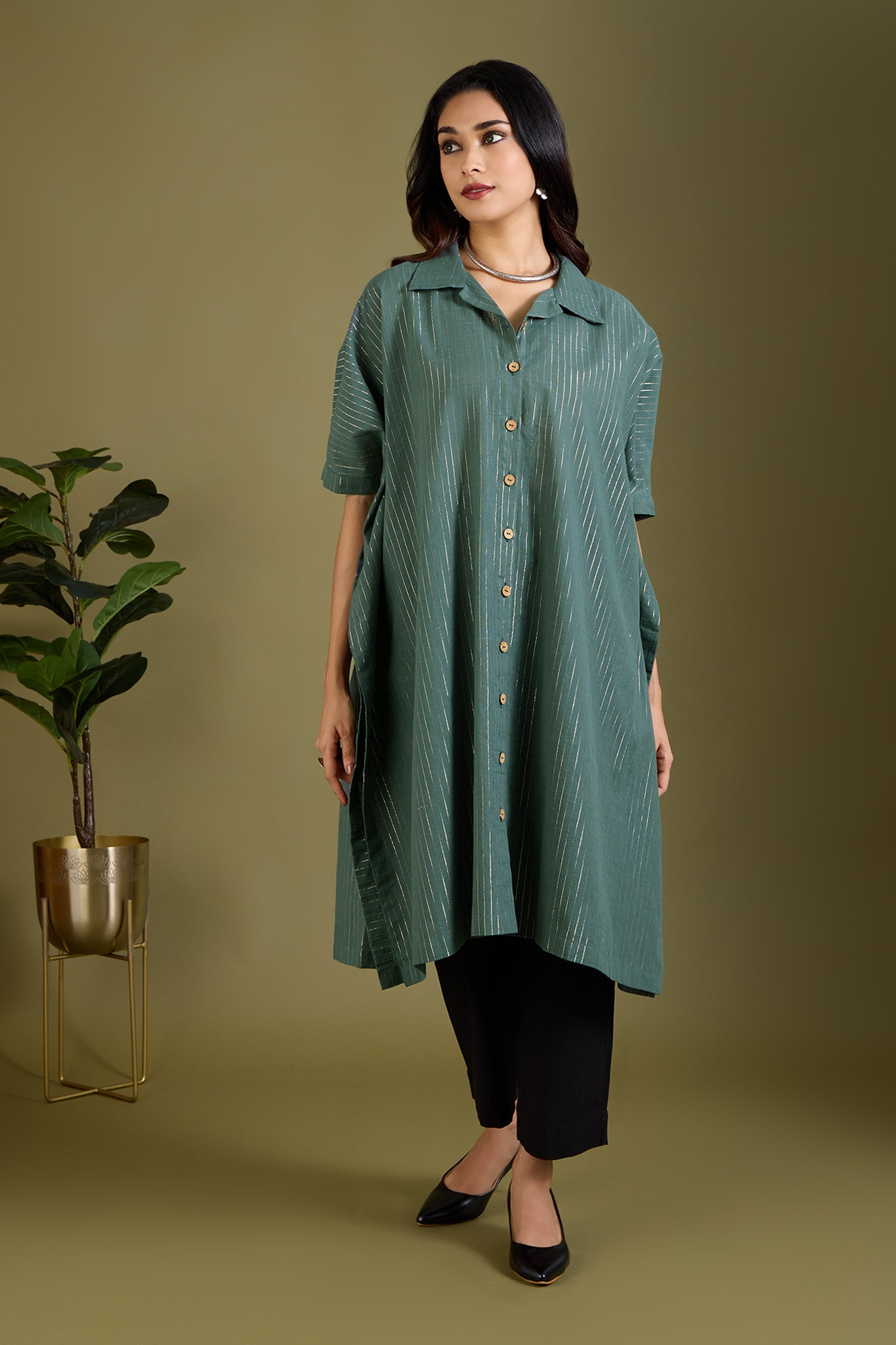 Emerald Gold Threads Button Down Kaftan Tunic