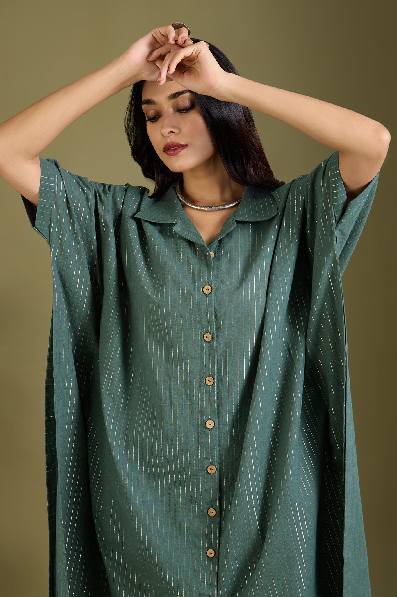 Emerald Gold Threads Button Down Kaftan Tunic
