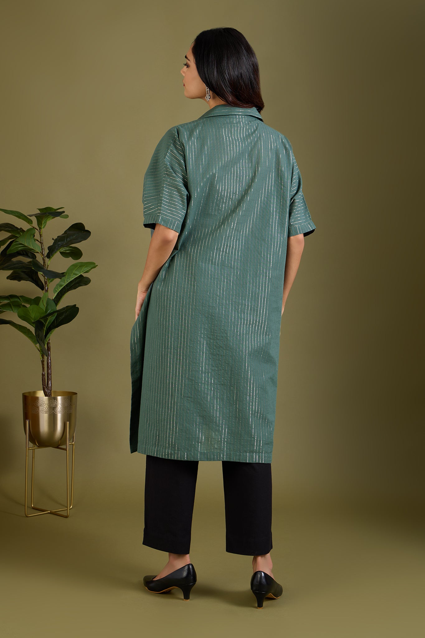 Emerald Gold Threads Button Down Kaftan Tunic