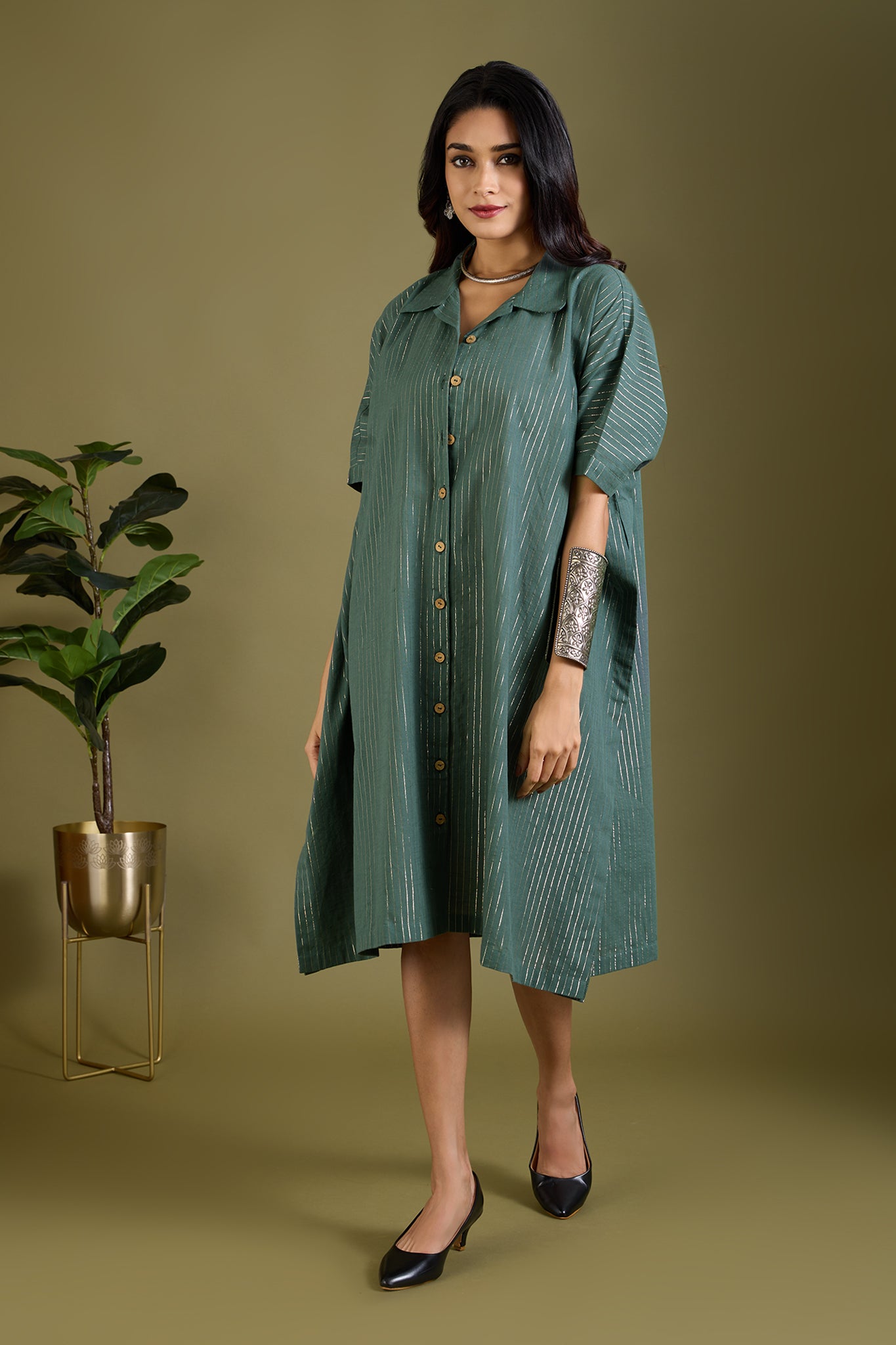 Emerald Gold Threads Button Down Kaftan Tunic