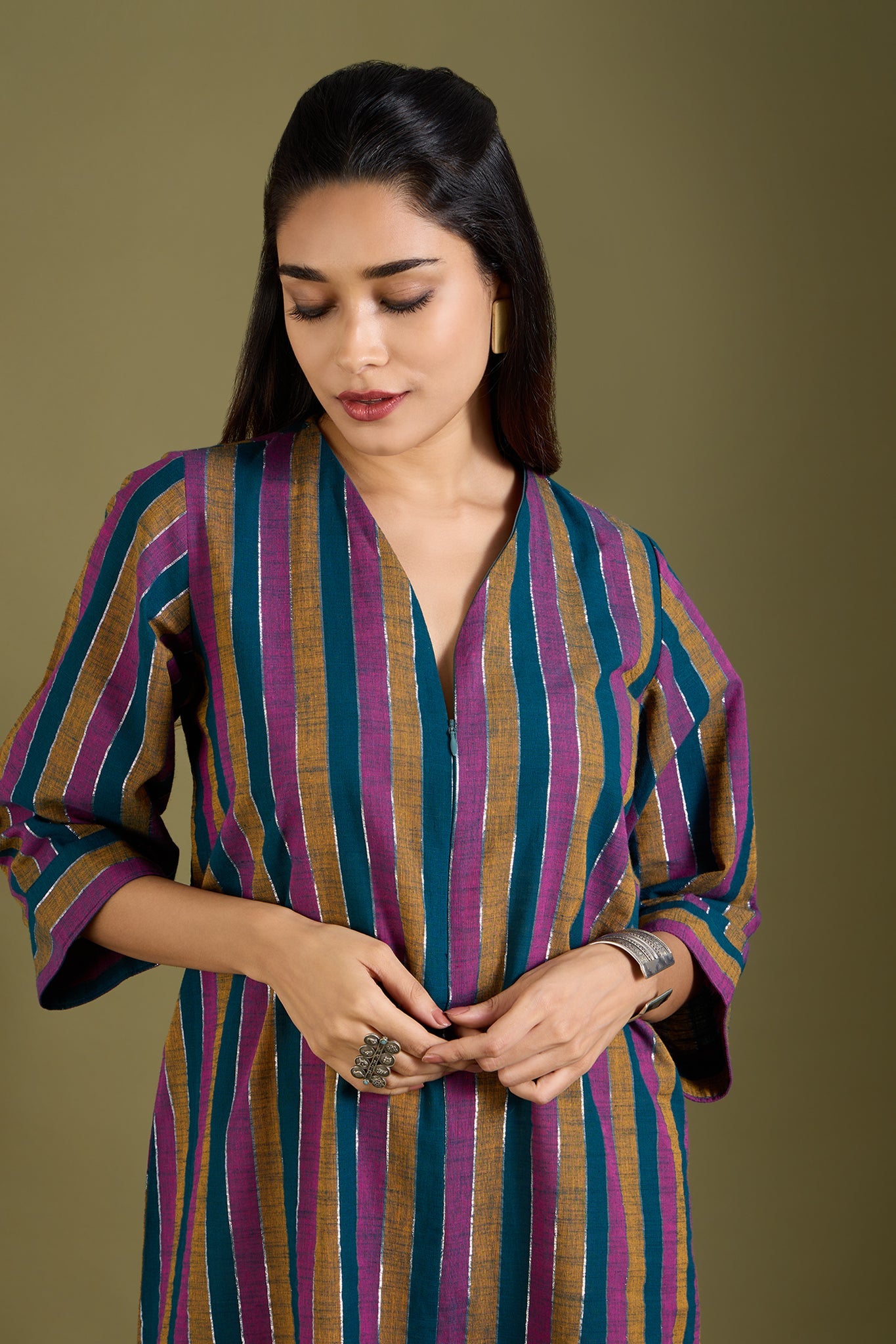 Dusk and Gold Front Zipper A-line Kurta