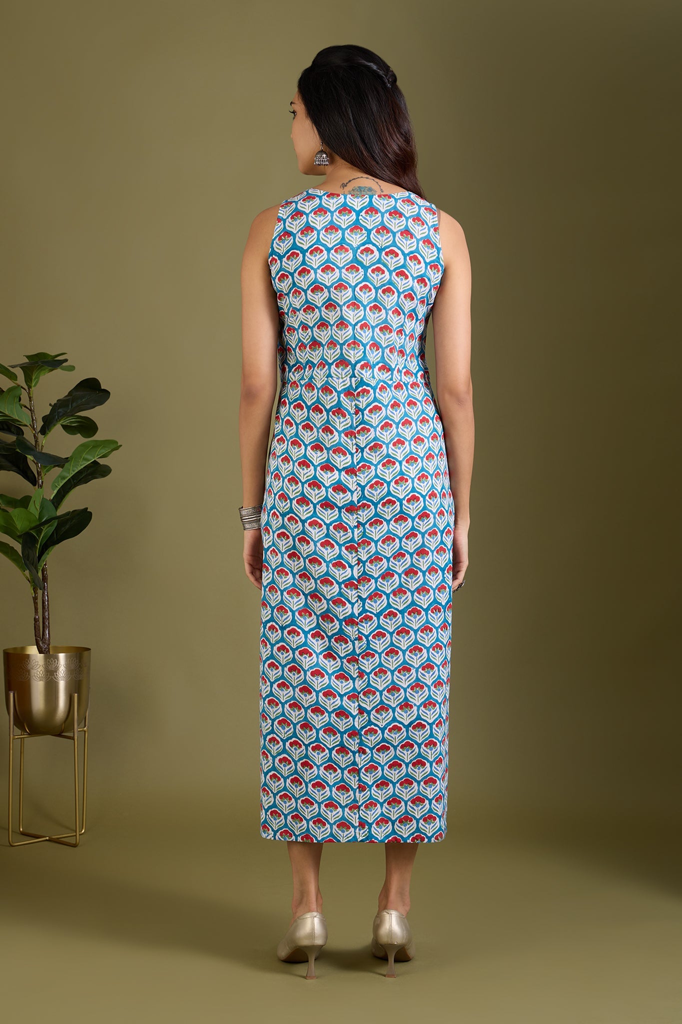 Azure Scarlet Buds V-neck Button Down Dress