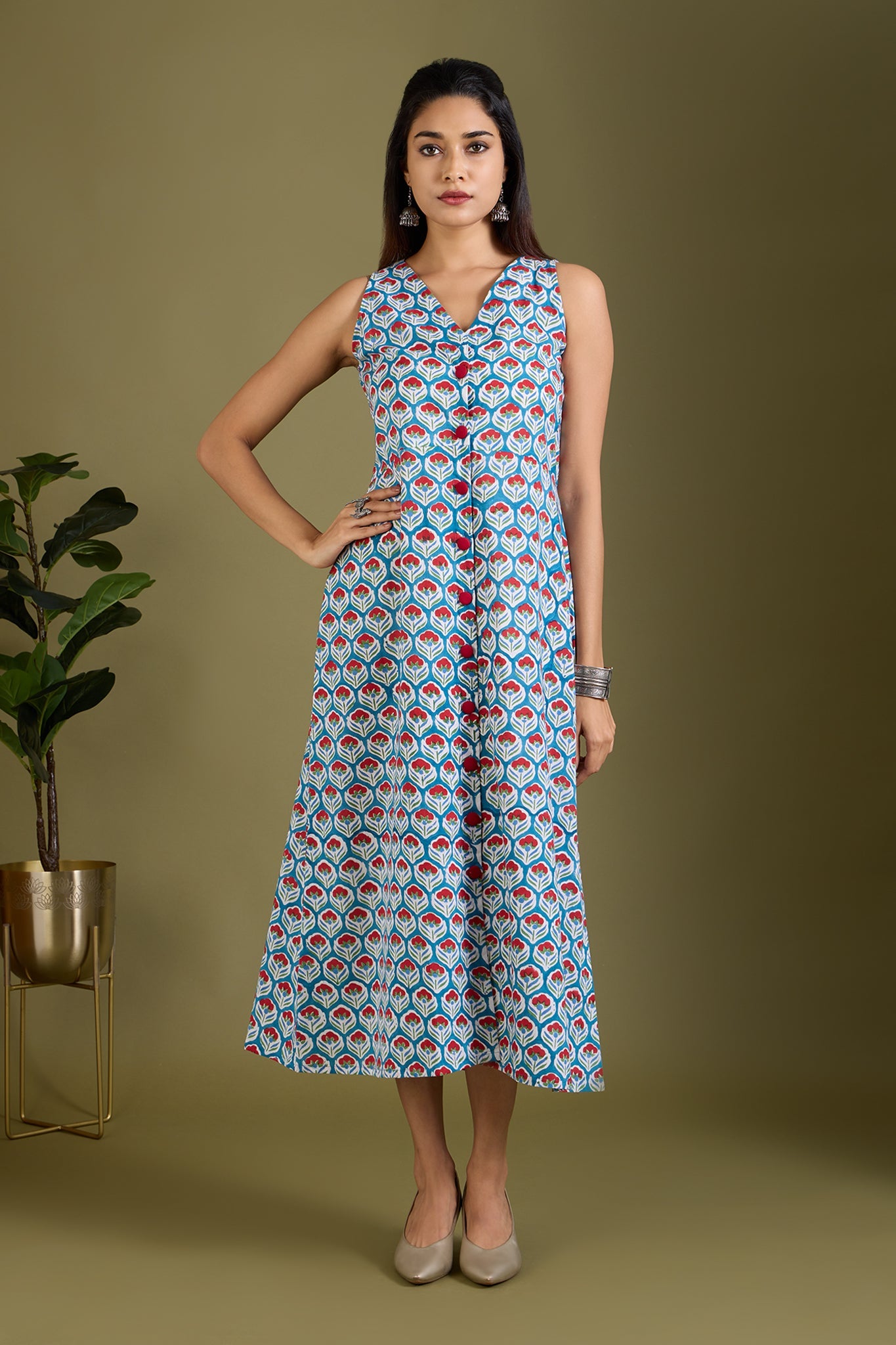 Azure Scarlet Buds V-neck Button Down Dress
