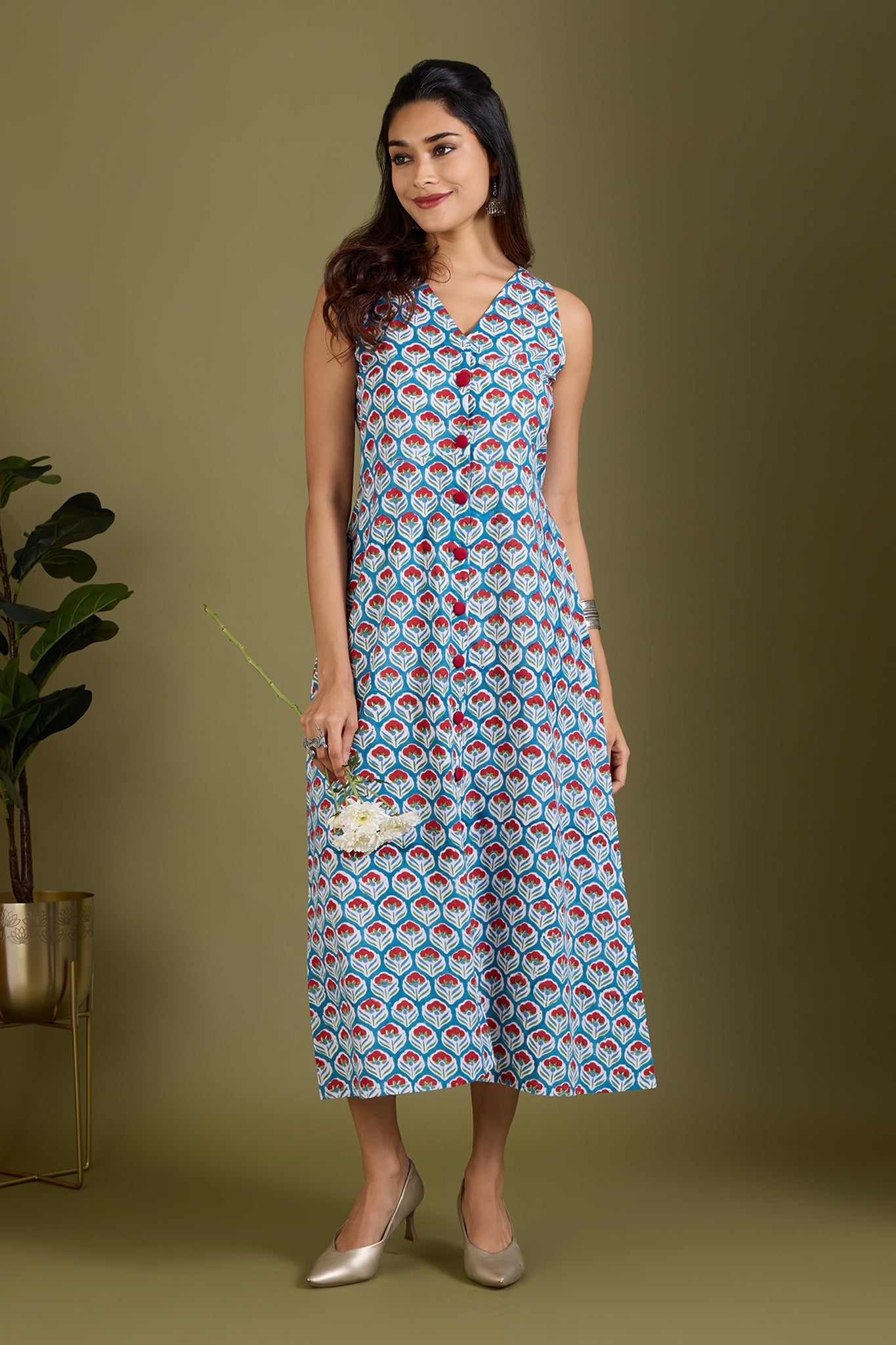 Azure Scarlet Buds V-neck Button Down Dress