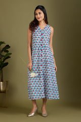 Azure Scarlet Buds V-neck Button Down Dress