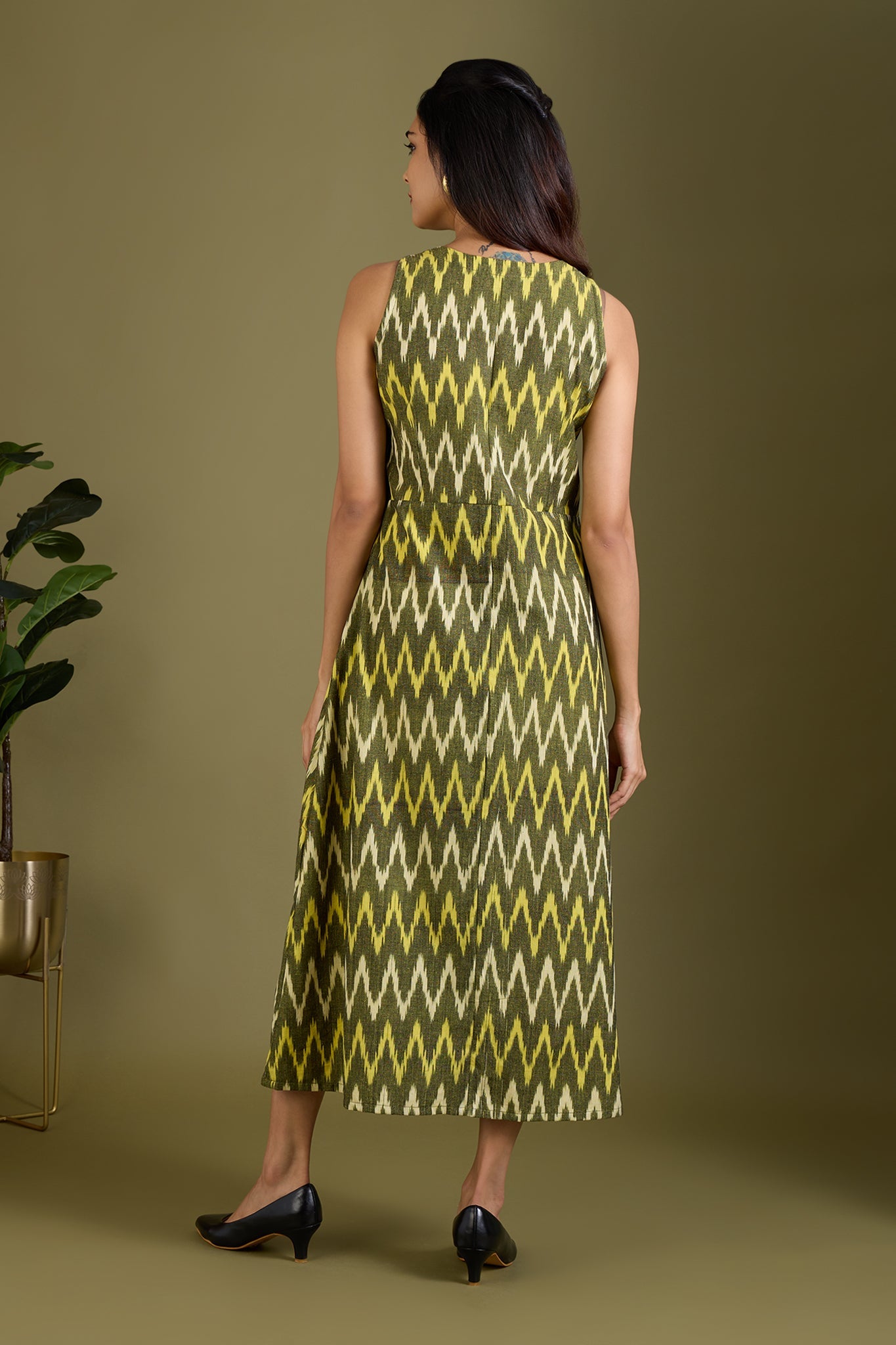 Earthy Zigzag Glow V-neck Button Down Dress