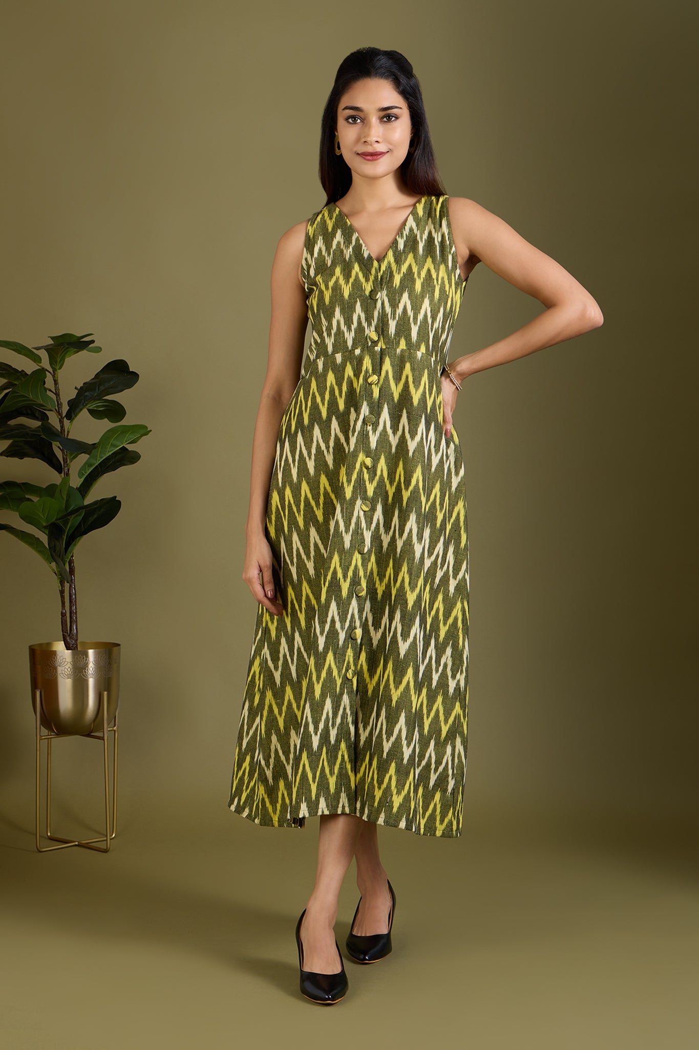 Earthy Zigzag Glow V-neck Button Down Dress