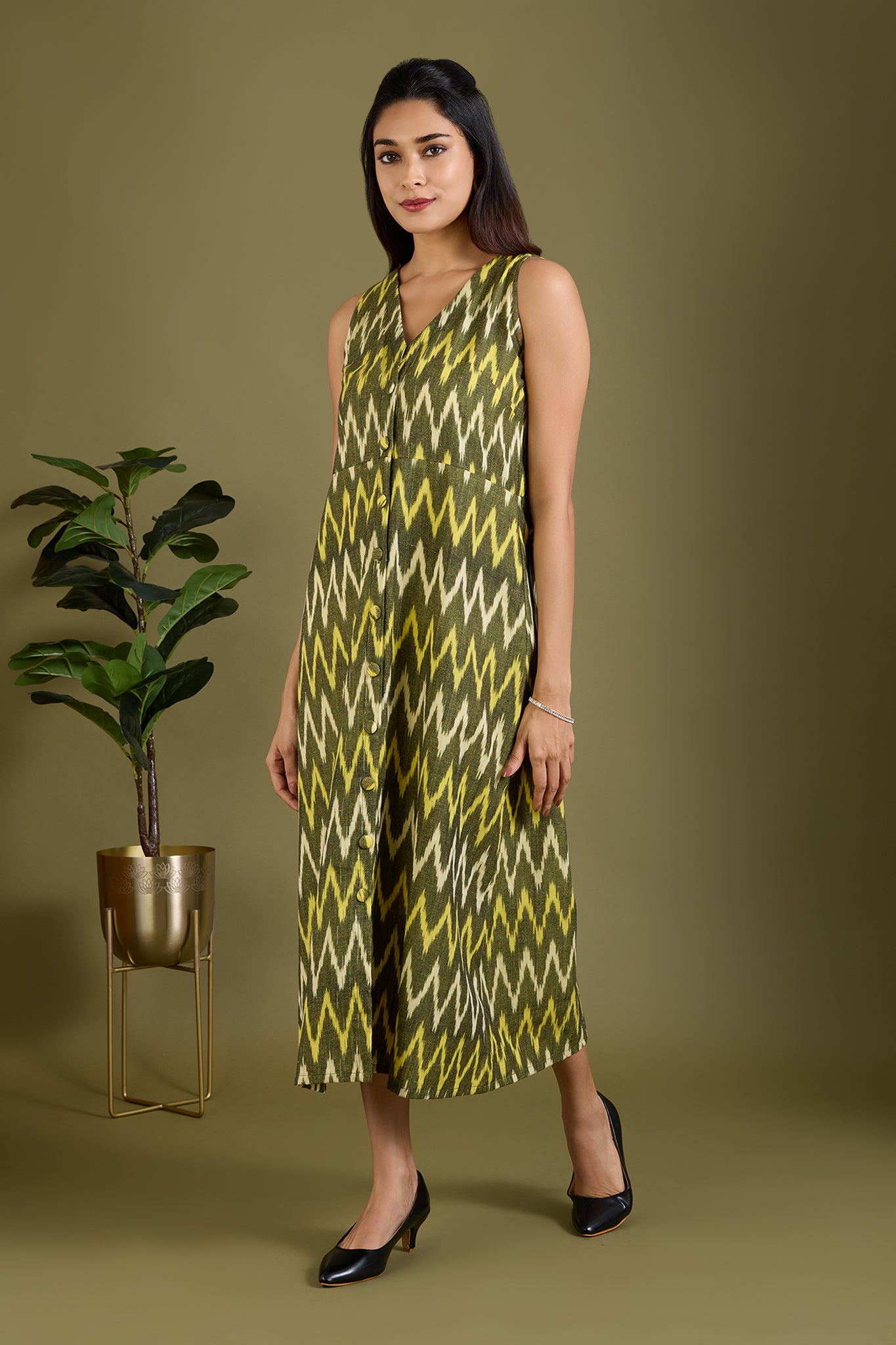 Earthy Zigzag Glow V-neck Button Down Dress