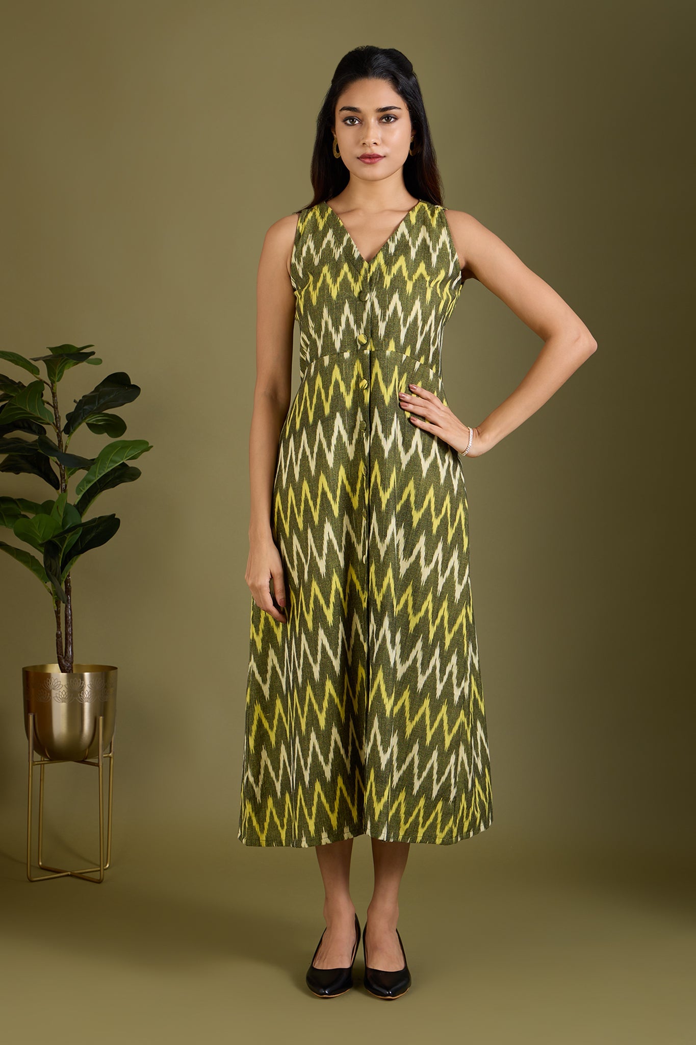 Earthy Zigzag Glow V-neck Button Down Dress