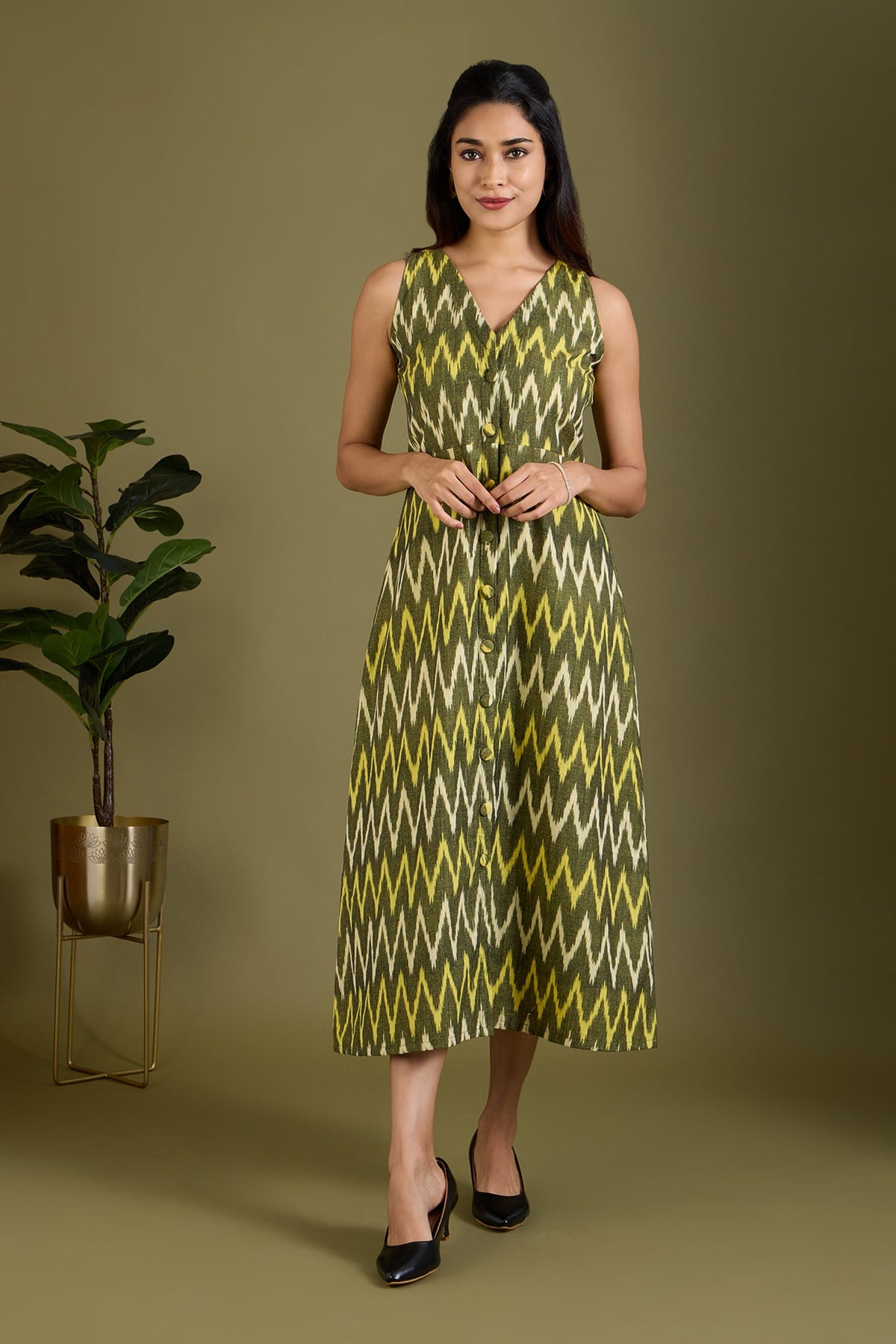 Earthy Zigzag Glow V-neck Button Down Dress