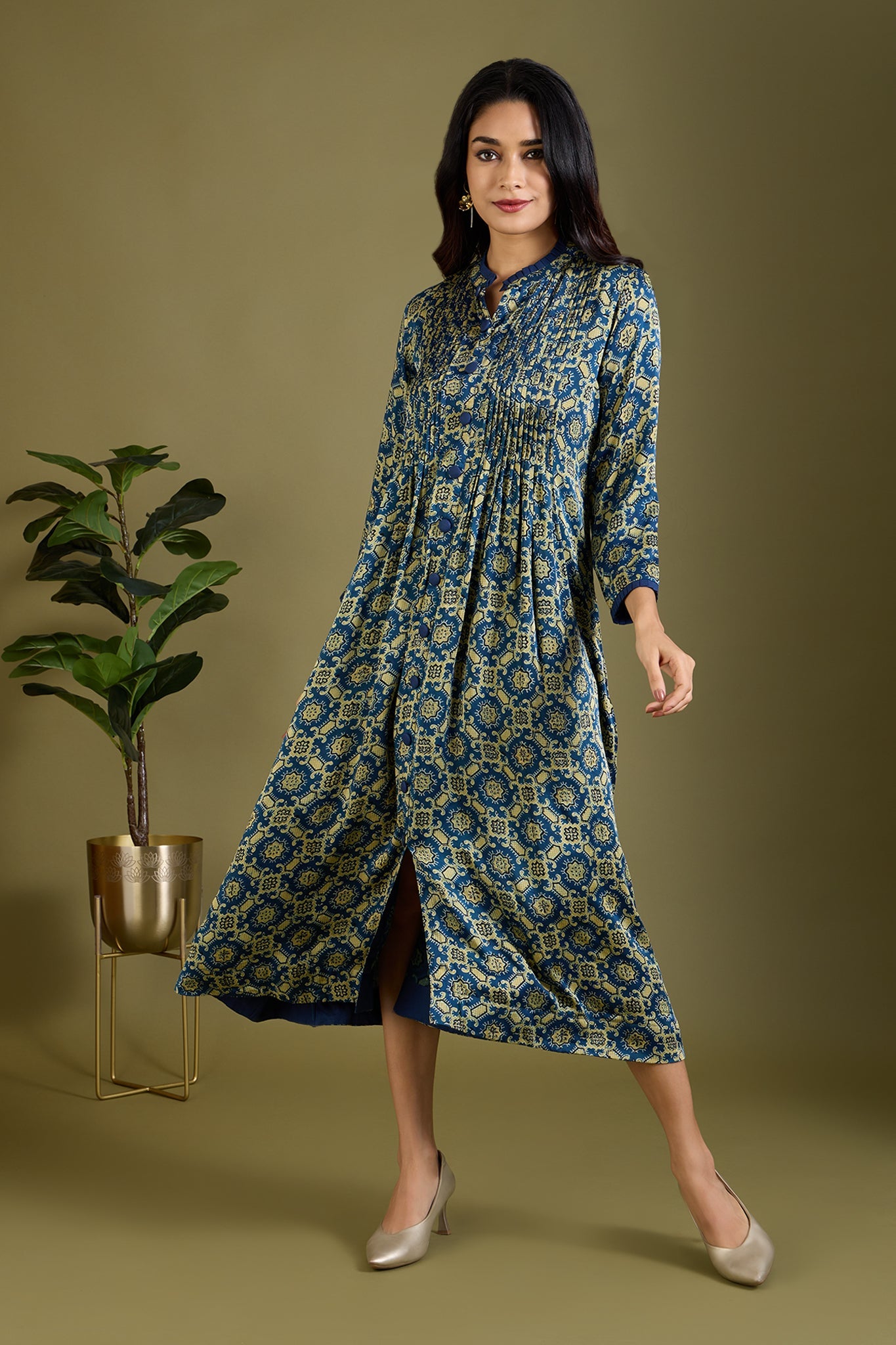 Luxe Indigo Twilight & Golden Aura Pleated Neck Modal Silk Pintuck Dress