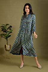 Luxe Indigo Twilight & Golden Aura Pleated Neck Modal Silk Pintuck Dress