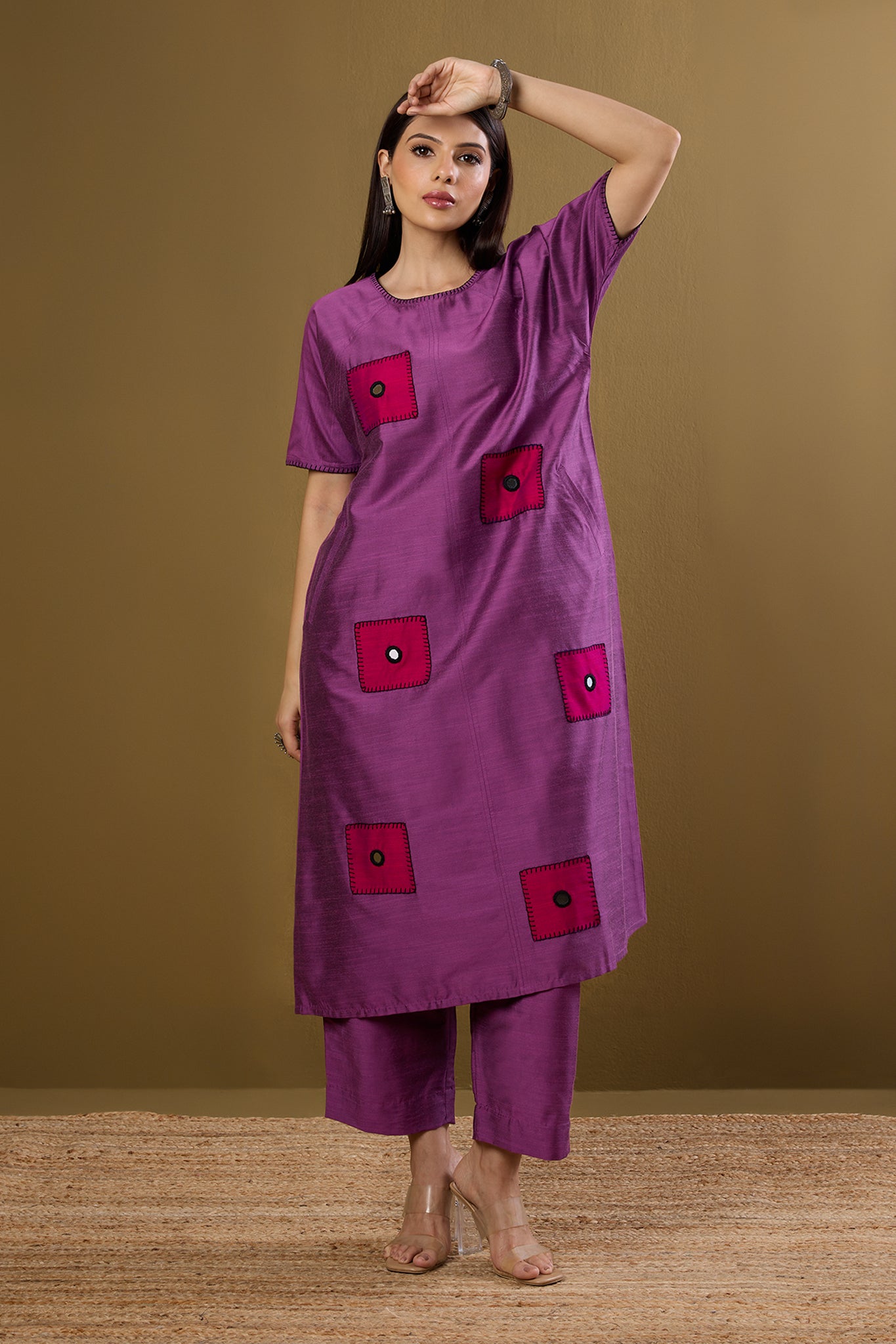 Co-ord set Dusty Mauve & Rose Mirror Silk Slub drop shoulder tunic & pants (set of 2)