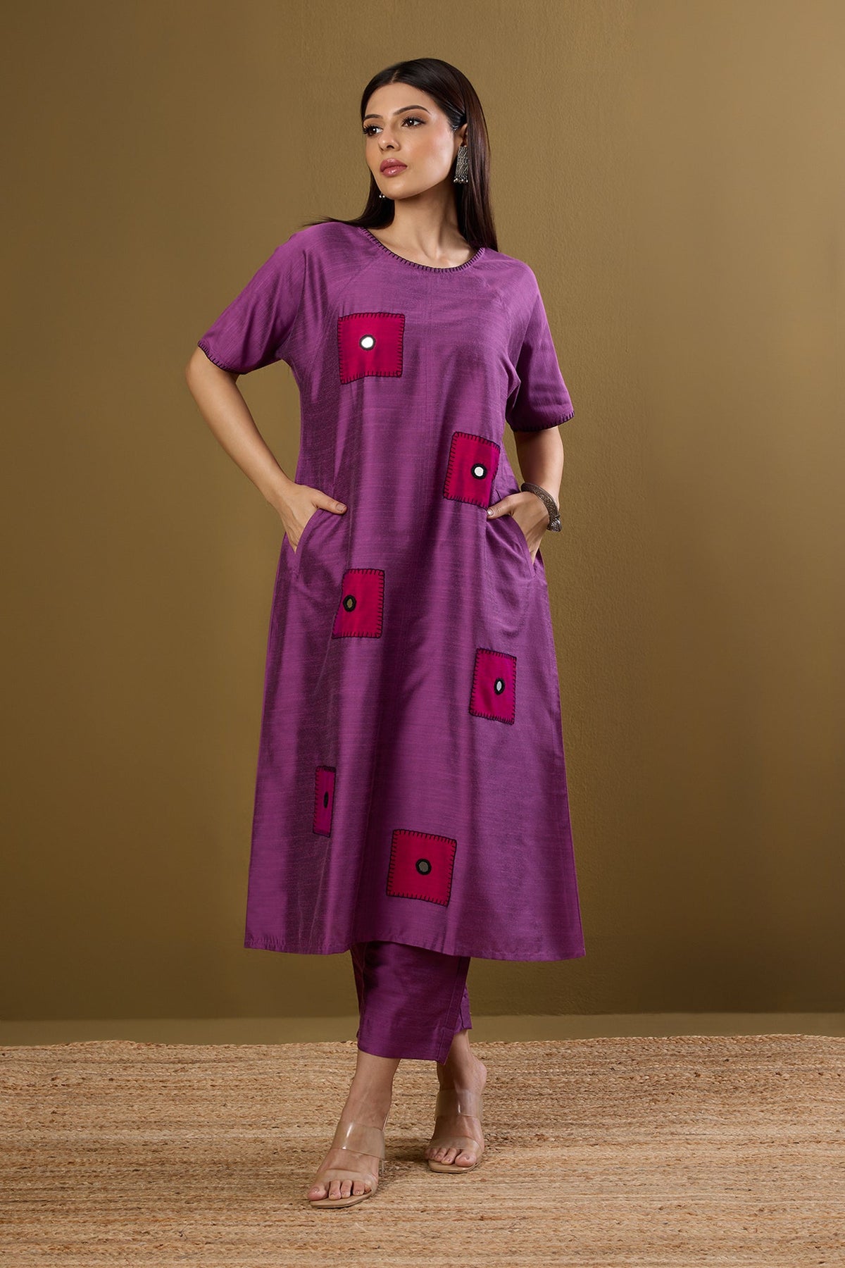 Co-ord set Dusty Mauve & Rose Mirror Silk Slub drop shoulder tunic & pants (set of 2)