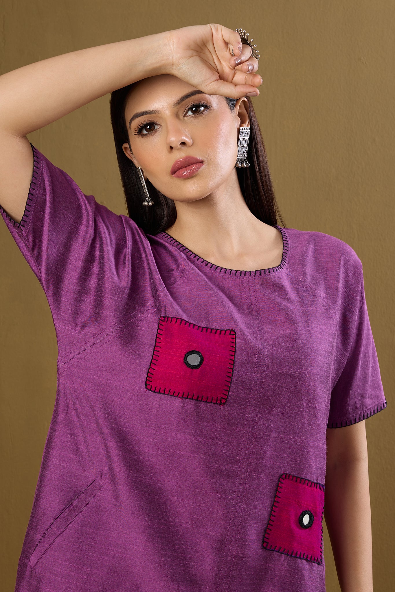 Co-ord set Dusty Mauve & Rose Mirror Silk Slub drop shoulder tunic & pants (set of 2)