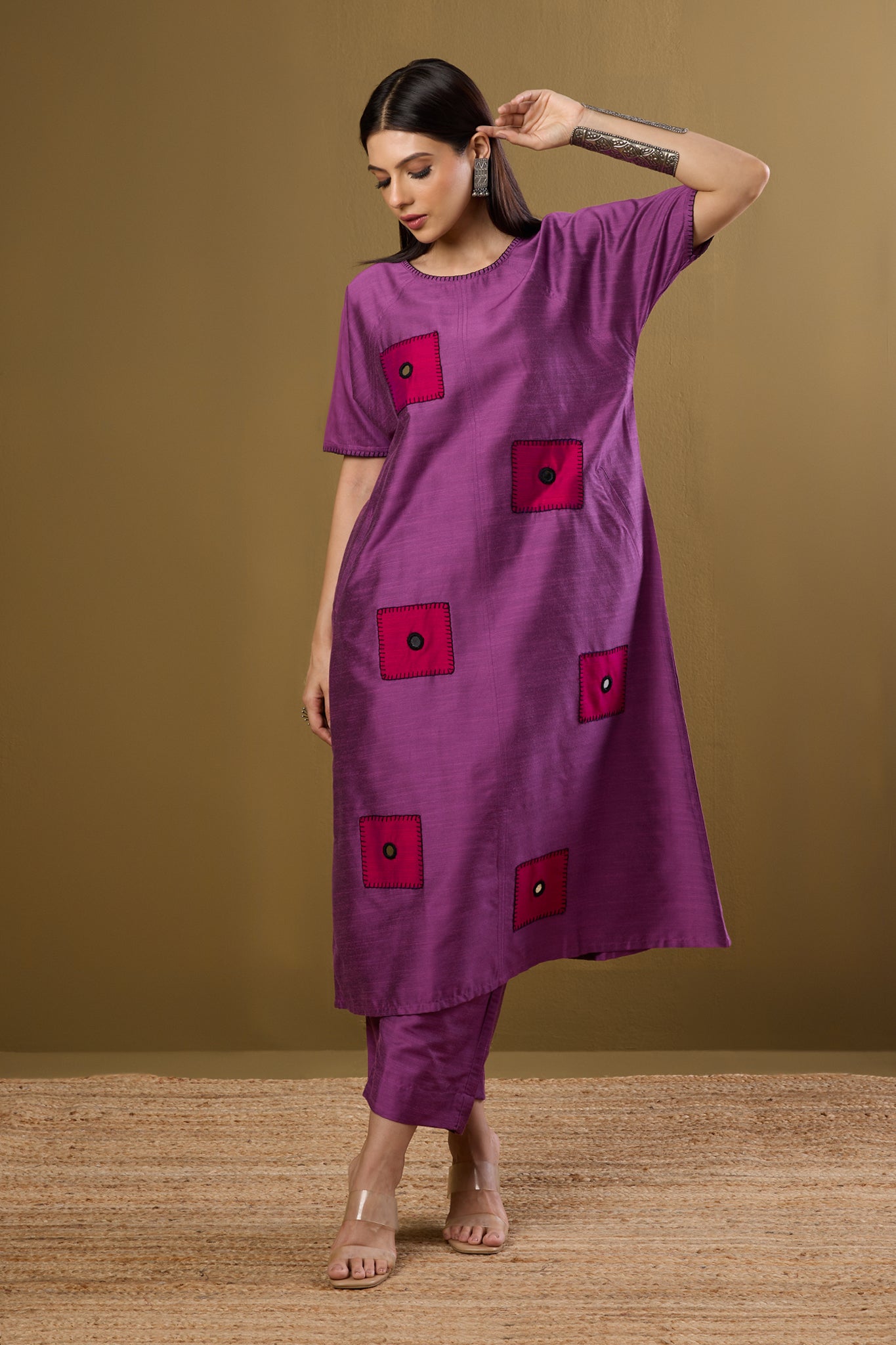 Co-ord set Dusty Mauve & Rose Mirror Silk Slub drop shoulder tunic & pants (set of 2)