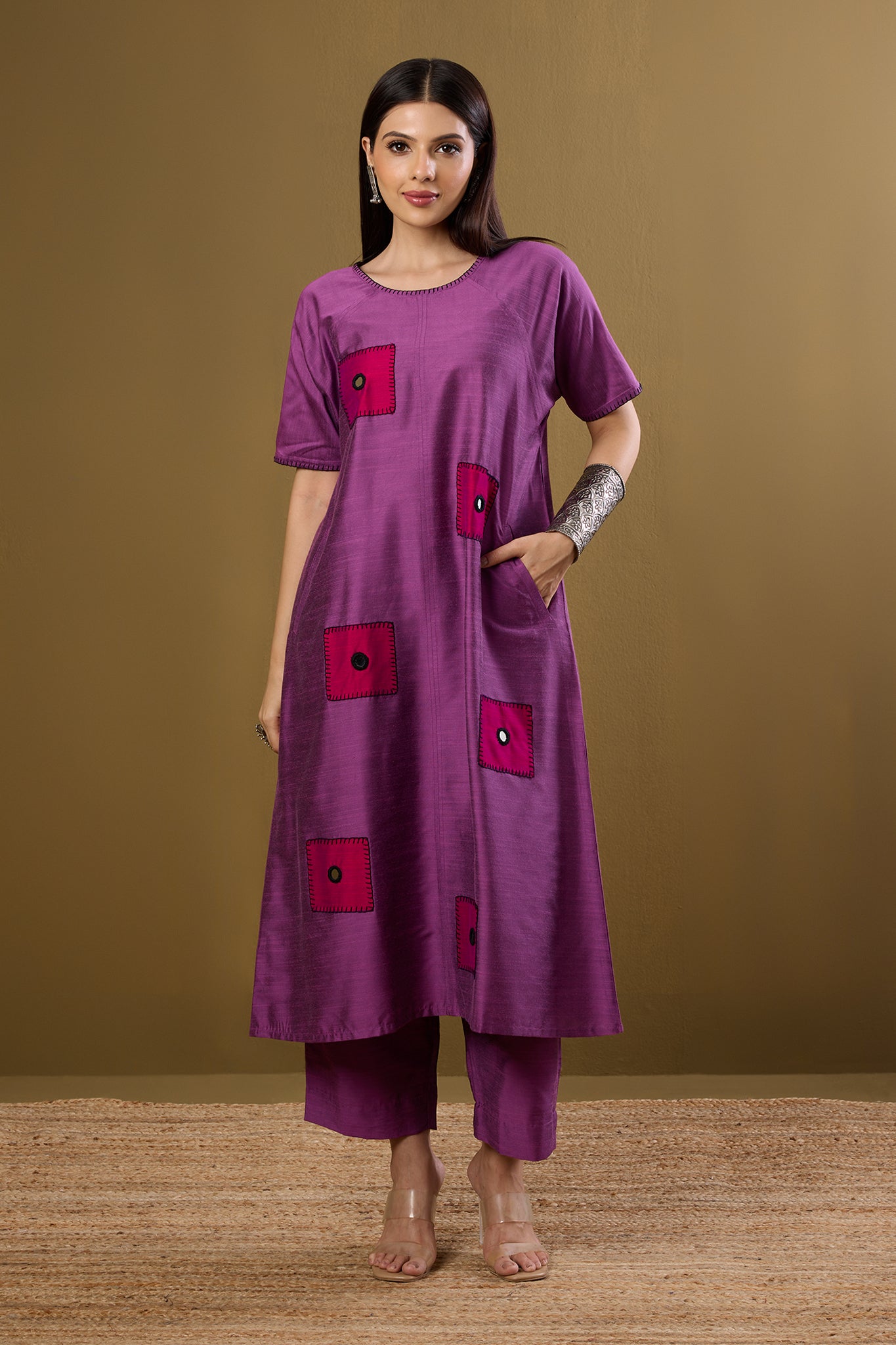 Co-ord set Dusty Mauve & Rose Mirror Silk Slub drop shoulder tunic & pants (set of 2)
